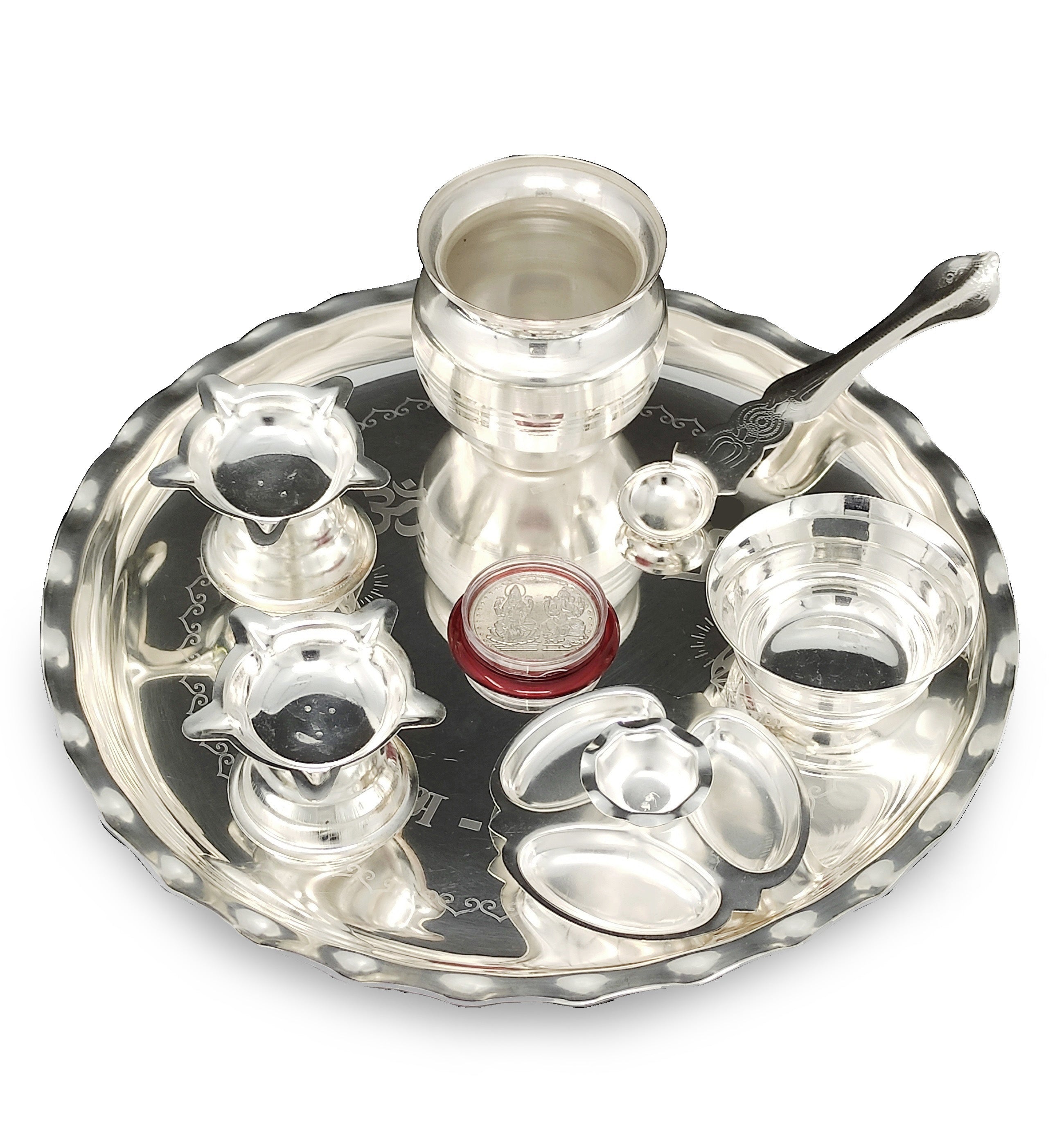 BENGALEN Silver Plated Pooja thali Set 9.5 Inch with Plate Bowls Ghanti Kalash Palli Diya Dhup Dan Puja Thali for Home Mandir Office Diwali Wedding Return Gift Items