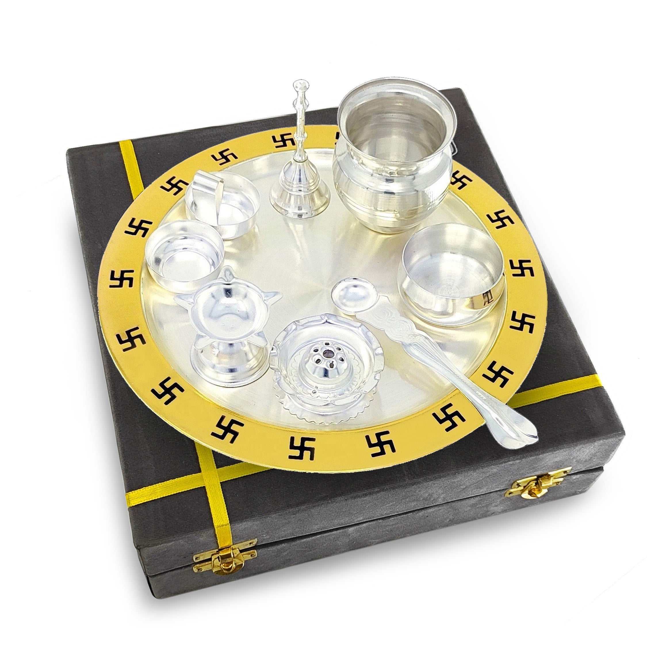 BENGALEN Pooja Thali Set 9 Inch Gold & Silver Plated with Gray Gift Box