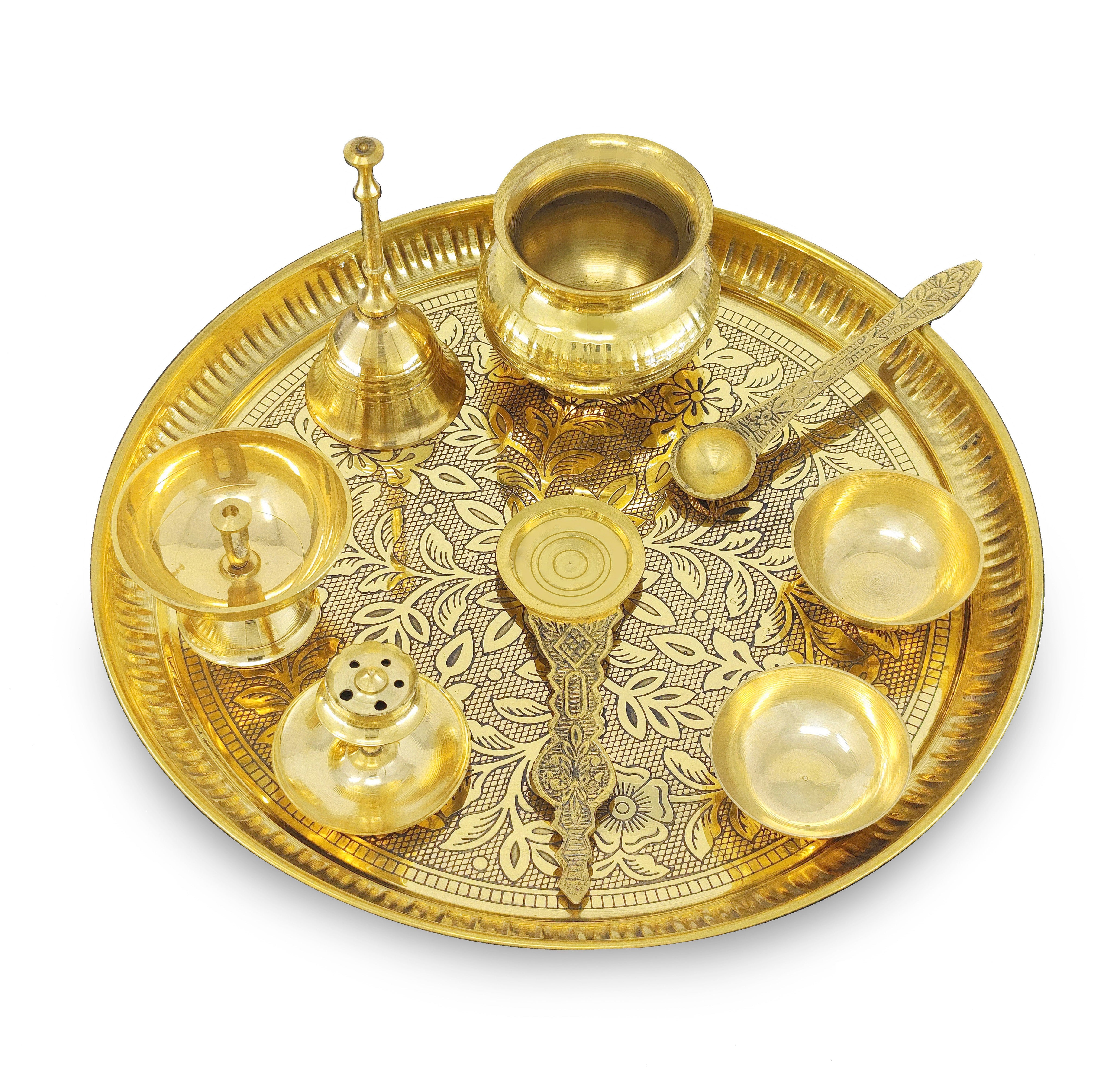 BENGALEN Brass Pooja Thali Set 10 Inch for Diwali Home Office Mandir Wedding Return Gift Items
