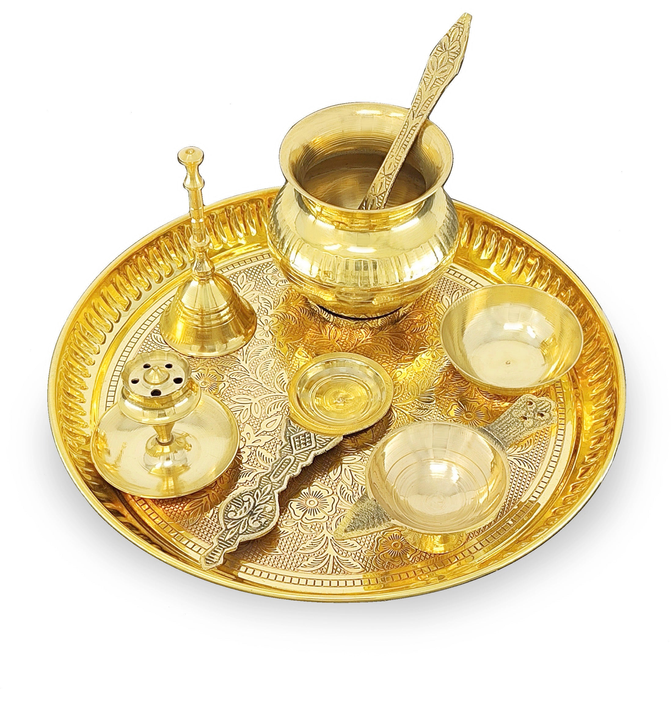 BENGALEN Brass Pooja Thali Set 8 Inch Puja Thali with Pital Plate Kalash Palli Chandan Wati Agarbatti Stand Kappur Arti Diya for Diwali Home Office Mandir Wedding Return Gift Items