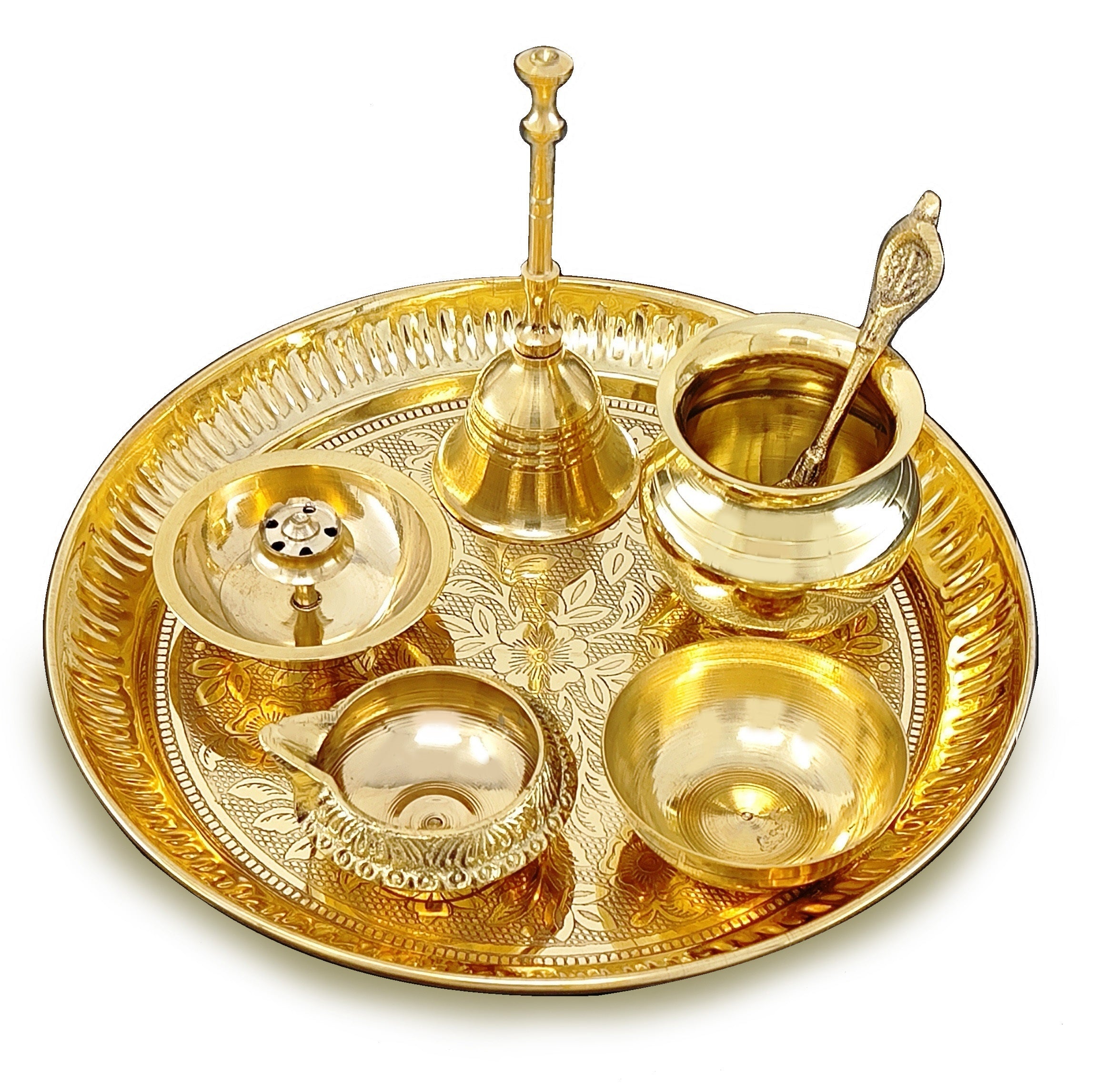 BENGALEN Brass Pooja Thali Set 7 Inch with Pital Puja Plate Kalash Bowl Spoon Dhup Dan Palli Ghanti Kuber Diya Chandan Wati Arti Thali for Diwali Home Office Mandir Wedding Return Gift Items