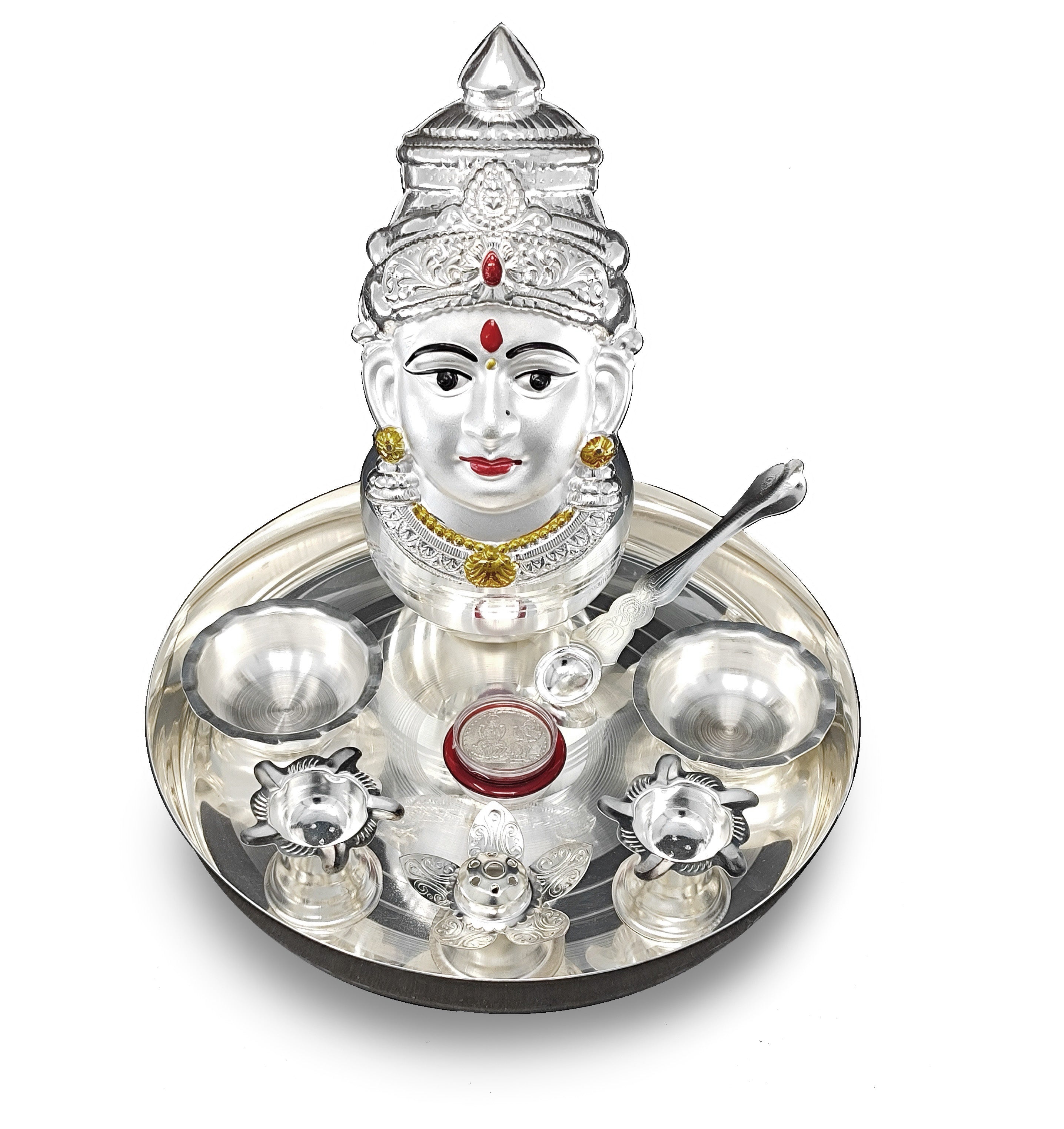 BENGALEN Silver Plated Pooja thali Set with Varalakshmi Devi Mukhota Idol Statue