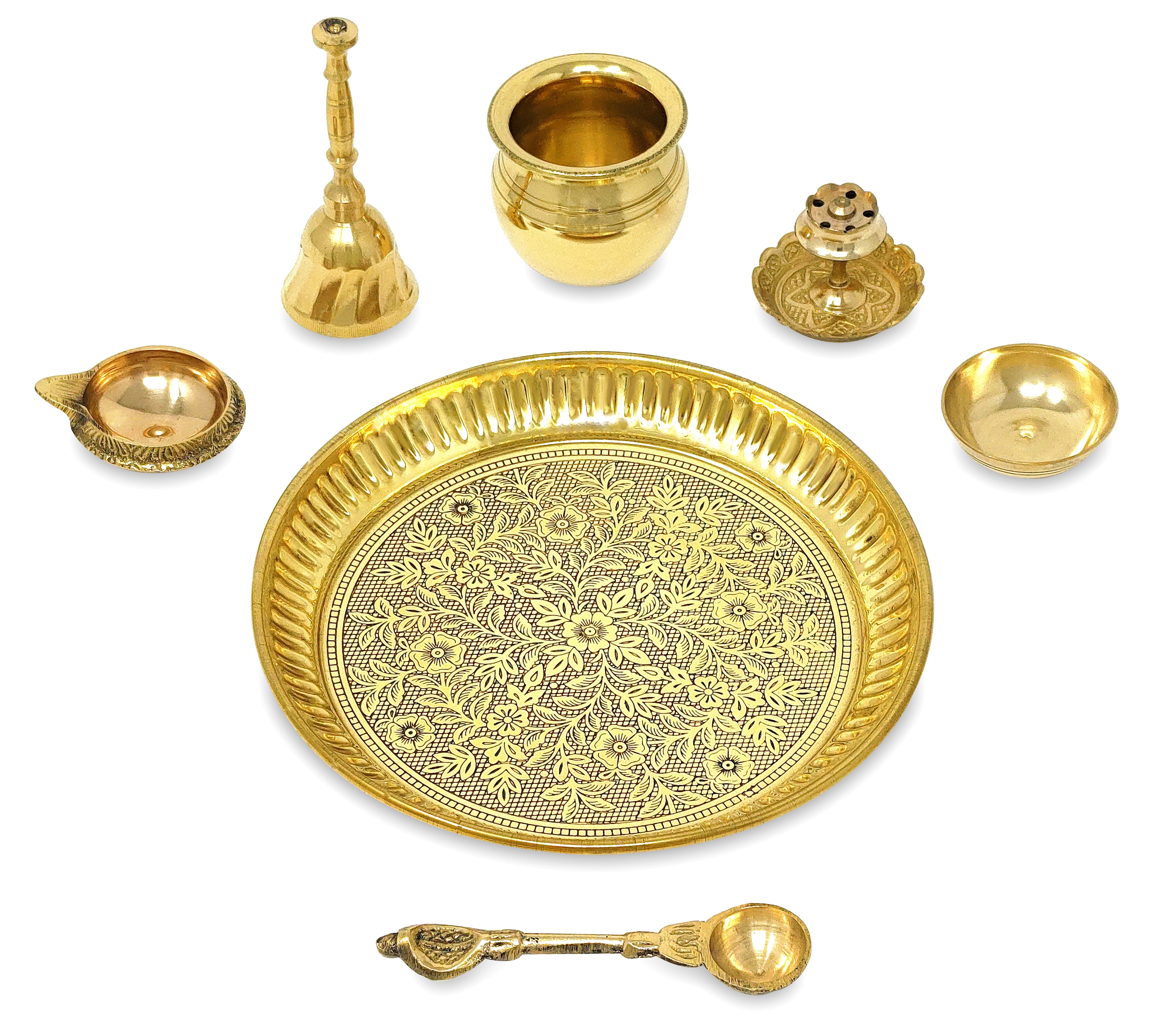 BENGALEN Brass Pooja Thali Set 6 Inch Puja Thali with Pital Plate Kalash Kuber Diya Chandan Wati Agarbatti Stand Ghanti Palli Arti Thali for Diwali Home Office Mandir Wedding Return Gift Items
