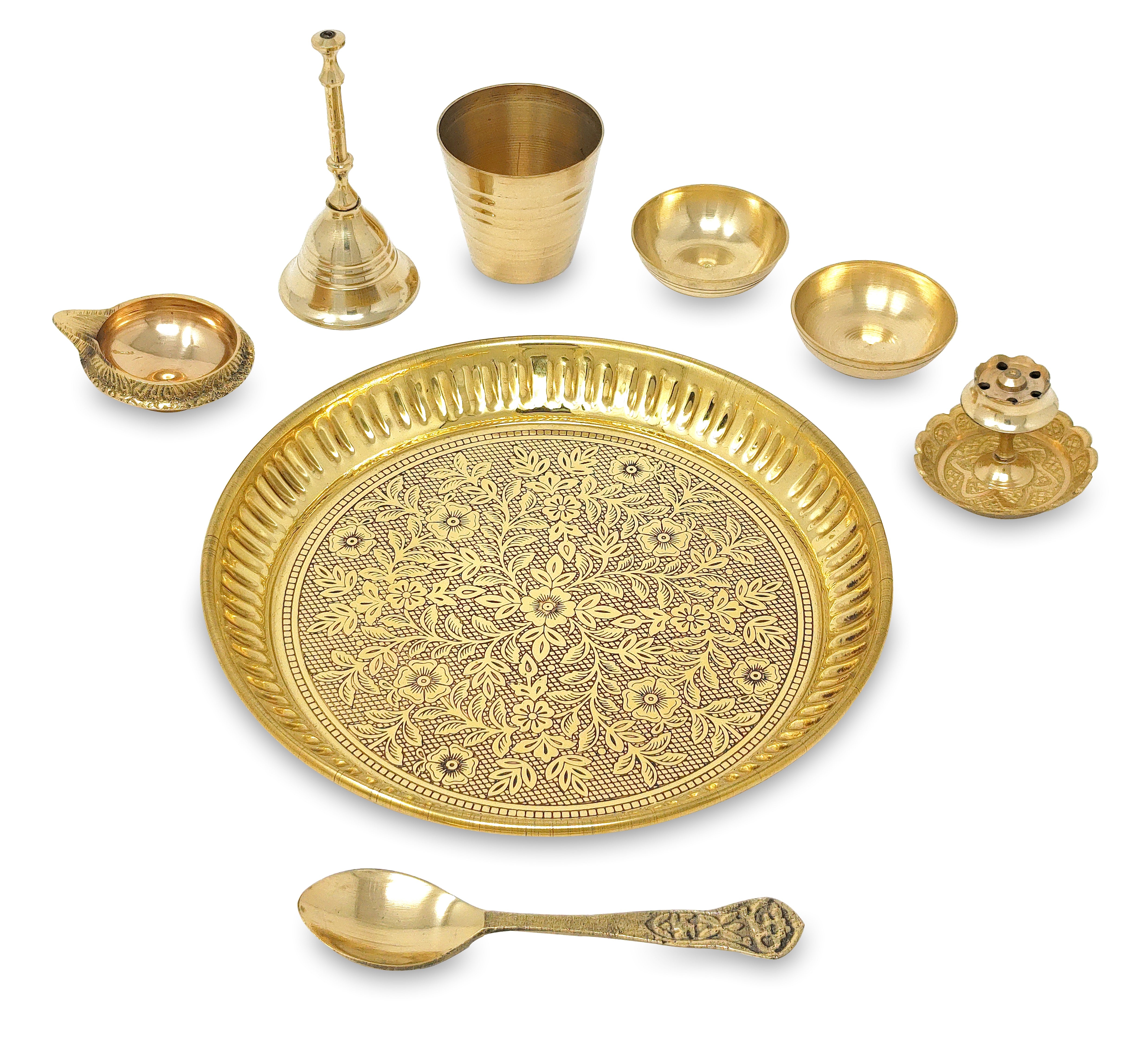 BENGALEN Brass Pooja Thali Set 6 Inch Puja Thali with Pital Plate Glass Chandan Wati Dhup Dan Kuber Deep Ghanti Spoon Arti Thali for Diwali Home Office Mandir Wedding Return Gift Items