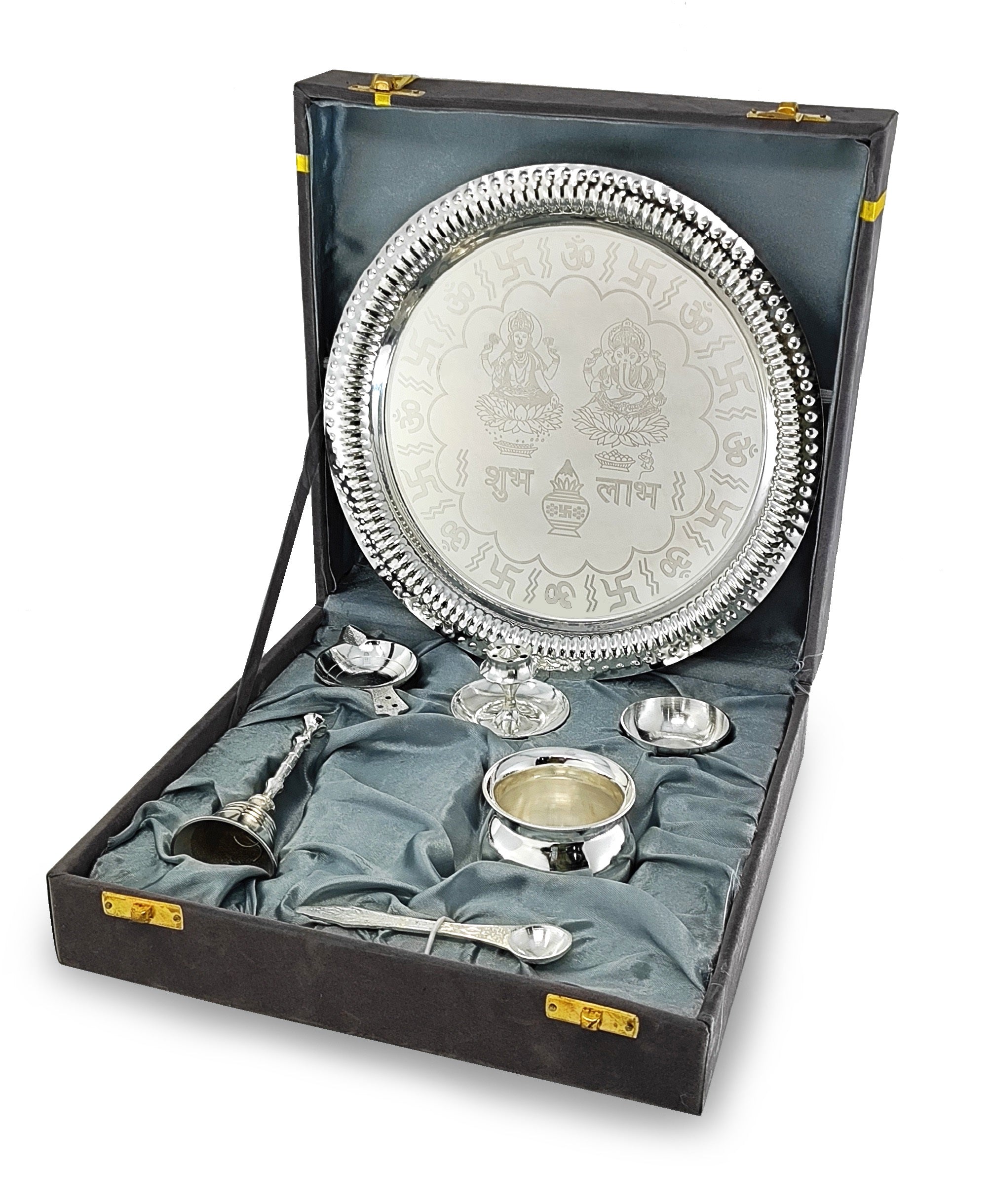 BENGALEN Pooja Thali Set Silver Plated with Gift Box Designed Puja Plate 22 CM Kalash Bowl Ghanti Spoon Dhup Dan Diya for Home Office Diwali Wedding Return Gift Items