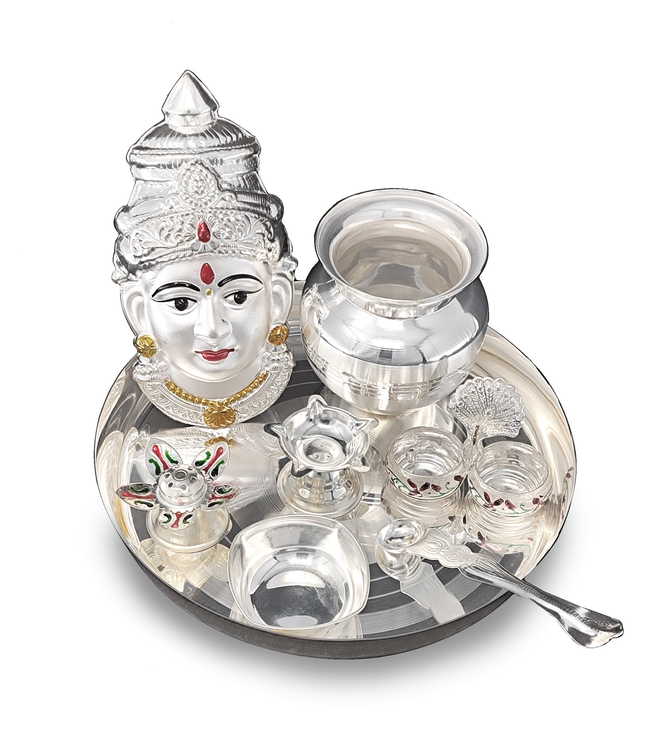 BENGALEN Silver Plated Pooja thali Set with Varalakshmi Devi Mukhota Idol Statue