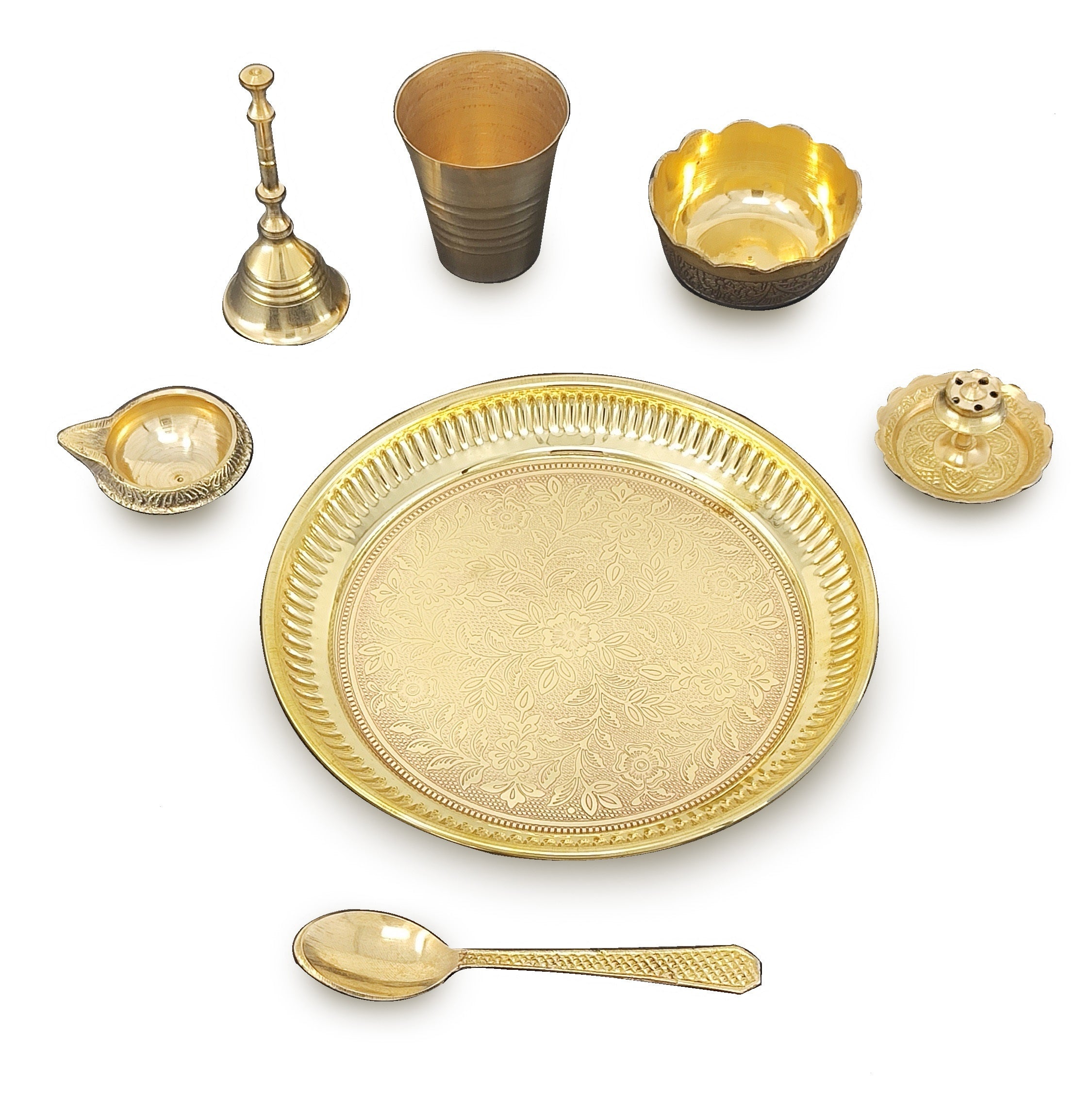 BENGALEN Brass Pooja Thali Set 6 Inch Puja Thali with Pital Plate Bowl Glass Kangura Plate Spoon Arti Thali for Diwali Home Office Mandir Wedding Return Gift Items