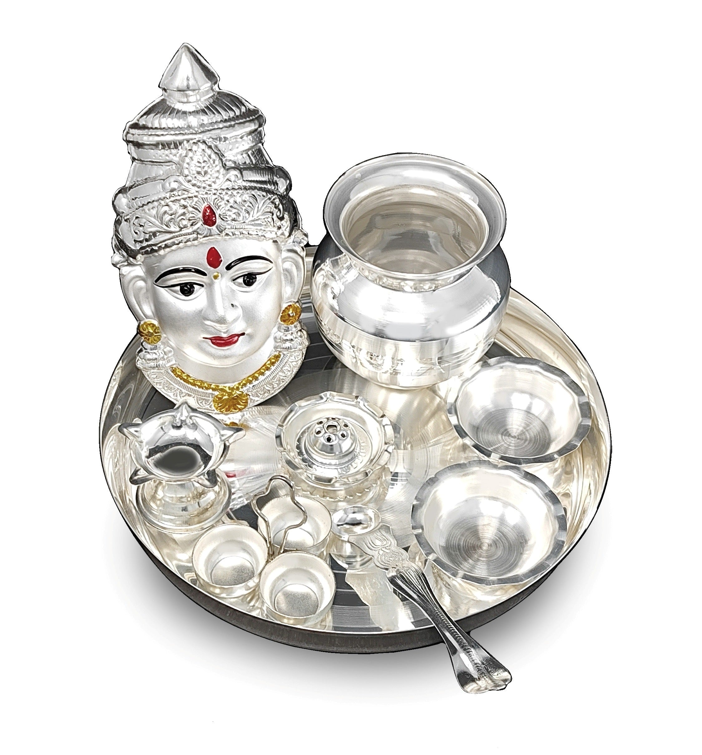 BENGALEN Silver Plated Pooja thali Set with Varalakshmi Devi Mukhota Idol Statue