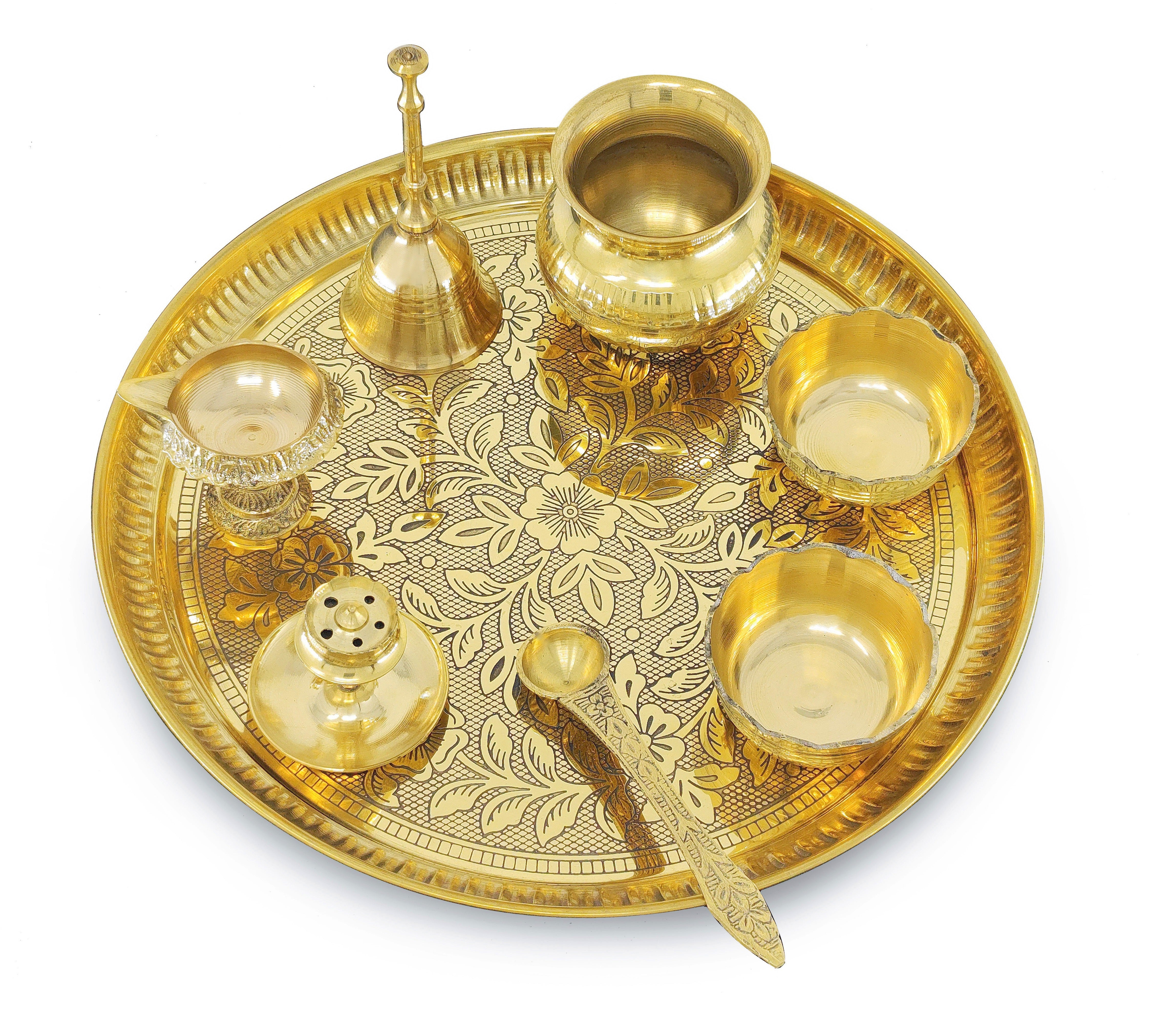 BENGALEN Brass Pooja Thali Set 10 Inch for Diwali Home Office Mandir Wedding Return Gift Items