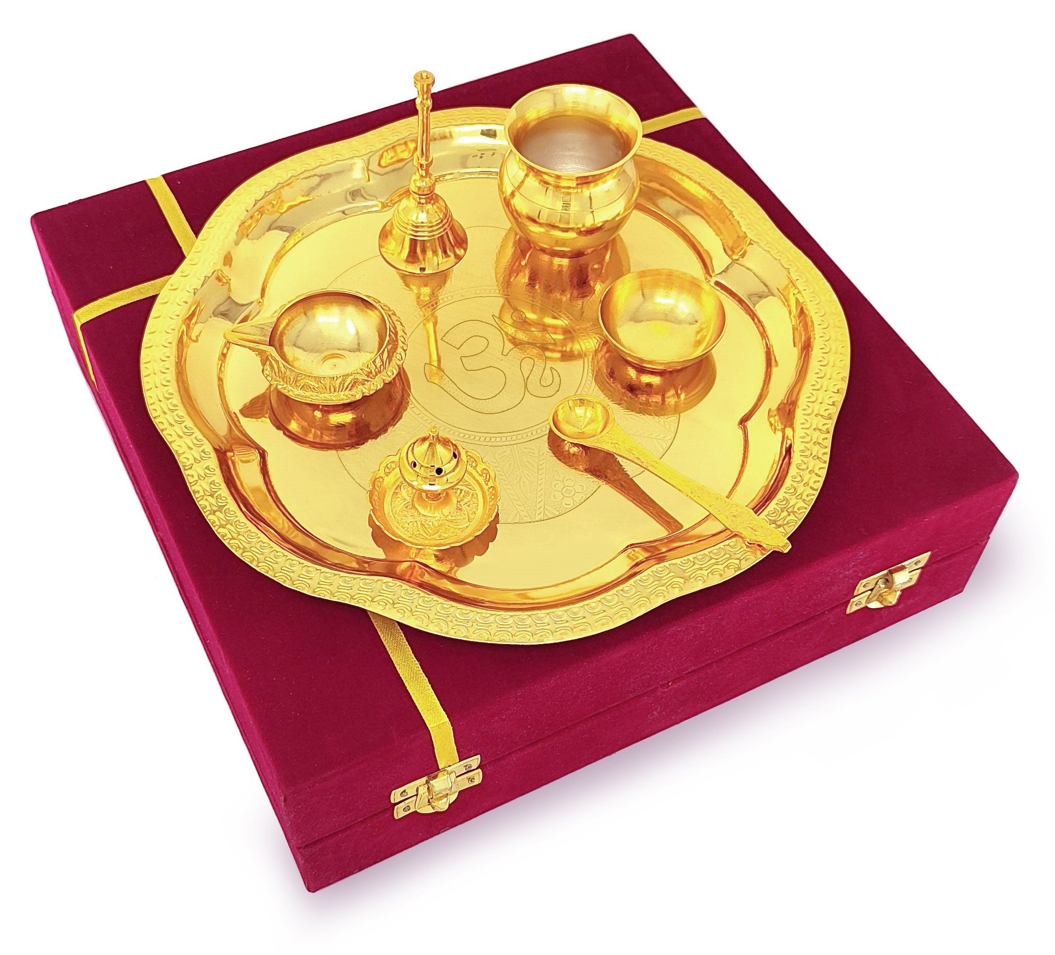 BENGALEN Pooja Thali Set Gold Plated with Gift Box 22 cm Designed Puja Plate Kalash Ghanti Bowl Spoon Dhup Dan Diya for Housewarming Diwali Wedding Gift Items
