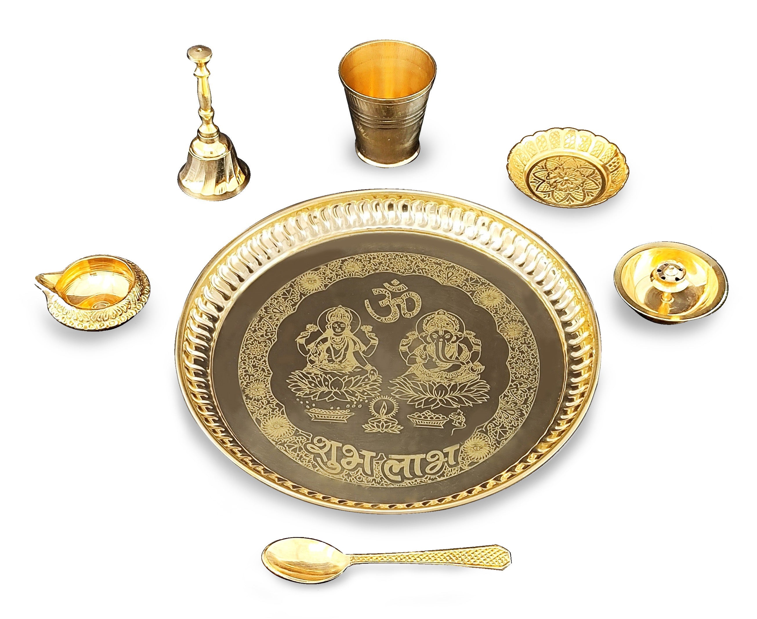 BENGALEN Brass Pooja Thali Set 8 Inch with Pital Puja Plate Glass Kangura Plate Spoon Dhup Dan Kuber Deep Ghanti Arti Thali for Diwali Home Office Mandir Wedding Return Gift Items