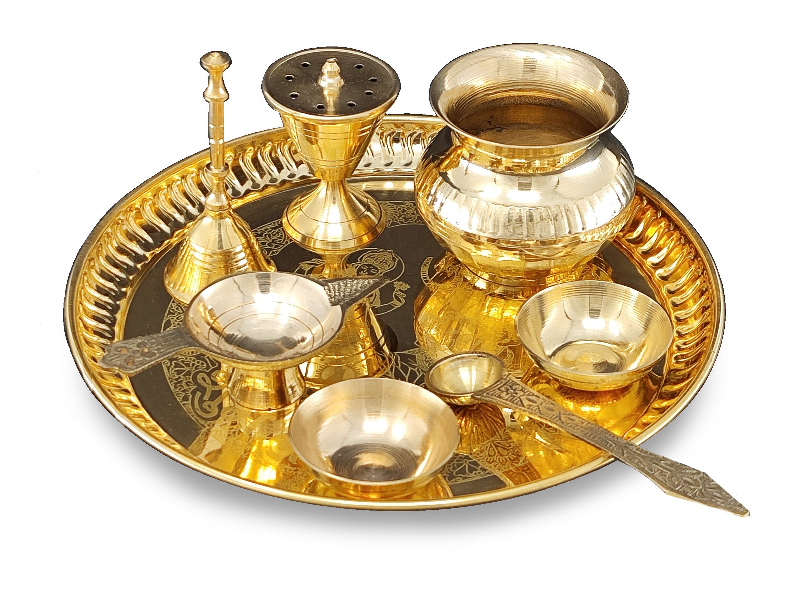 Bengalen Brass Pooja thali 8 Inch with Accessories Ganesh Lakshmi Design Puja Set Wedding Return Gift Items