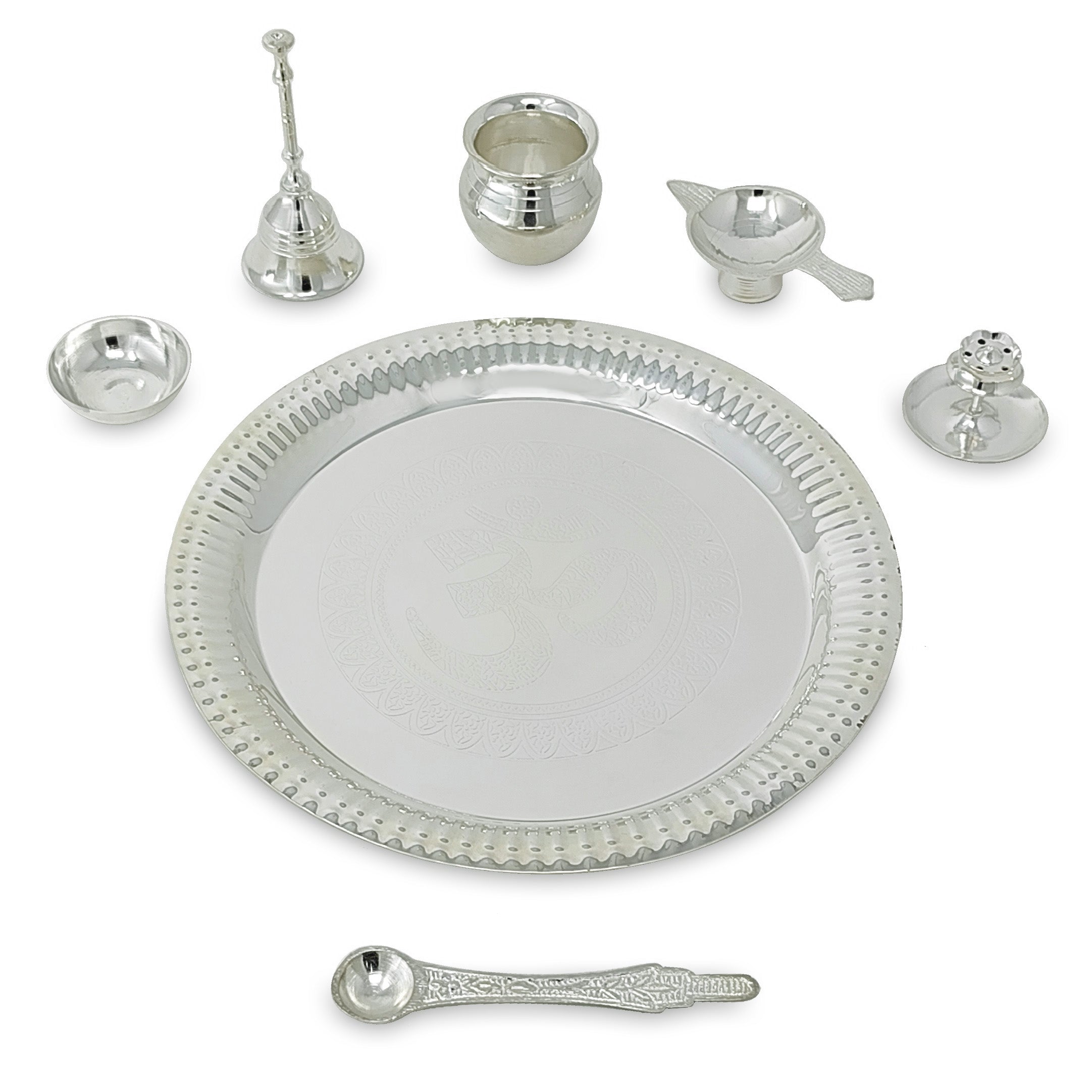 BENGALEN Pooja Thali Set Silver Plated with Gift Box 22 cm Designed Puja Plate Kalash Bowl Ghanti Spoon Dhup Dan Diya for Home Office Diwali Wedding Return Gift Items