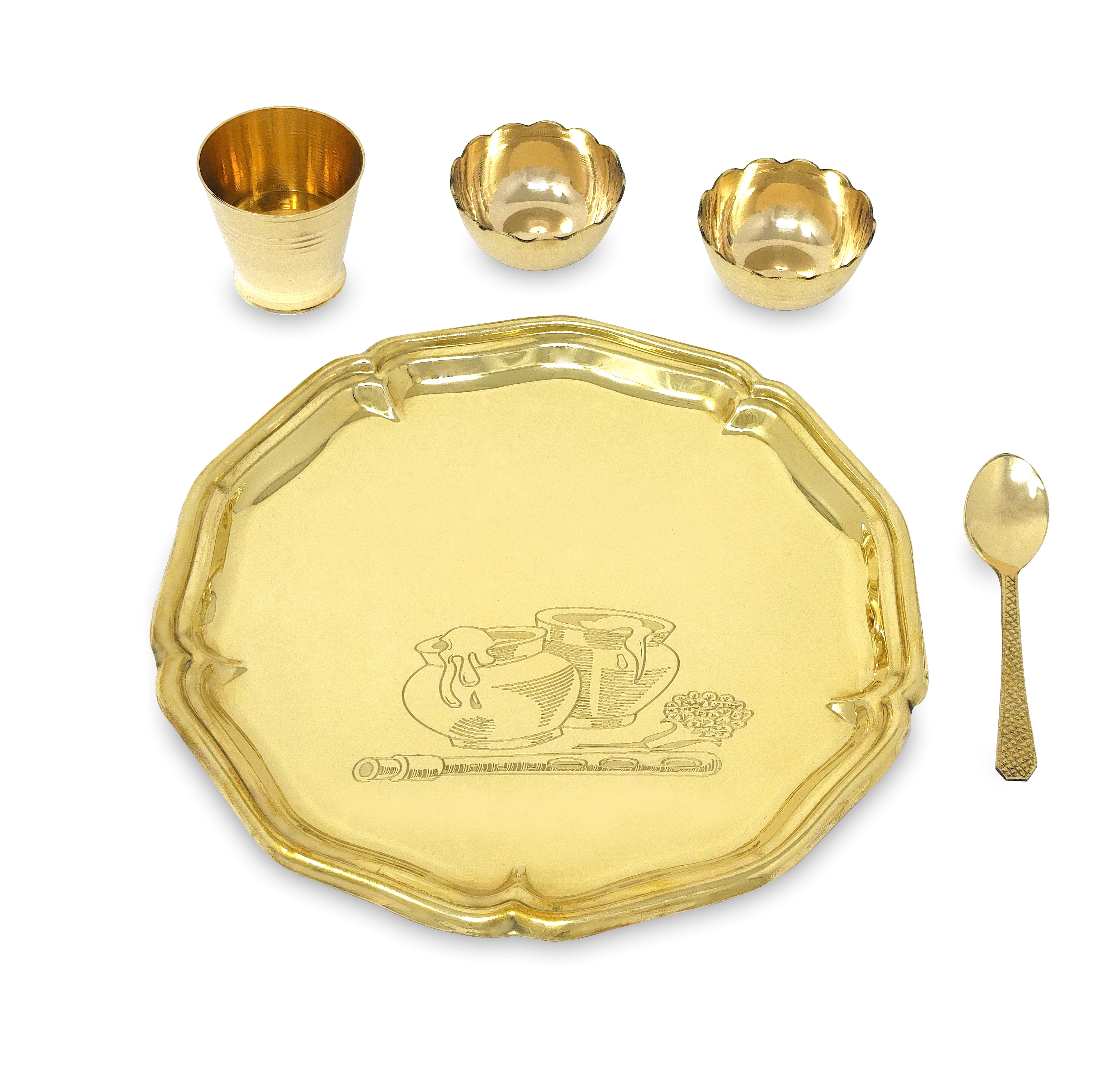 BENGALEN Pooja thali Set Brass Small 8 Inch Laddu Gopal Bhog Thali for Janmashtami Decoration Puja Item Festival Puja Krishna Bhog Thali Set for Home Office Mandir Return Gift Items