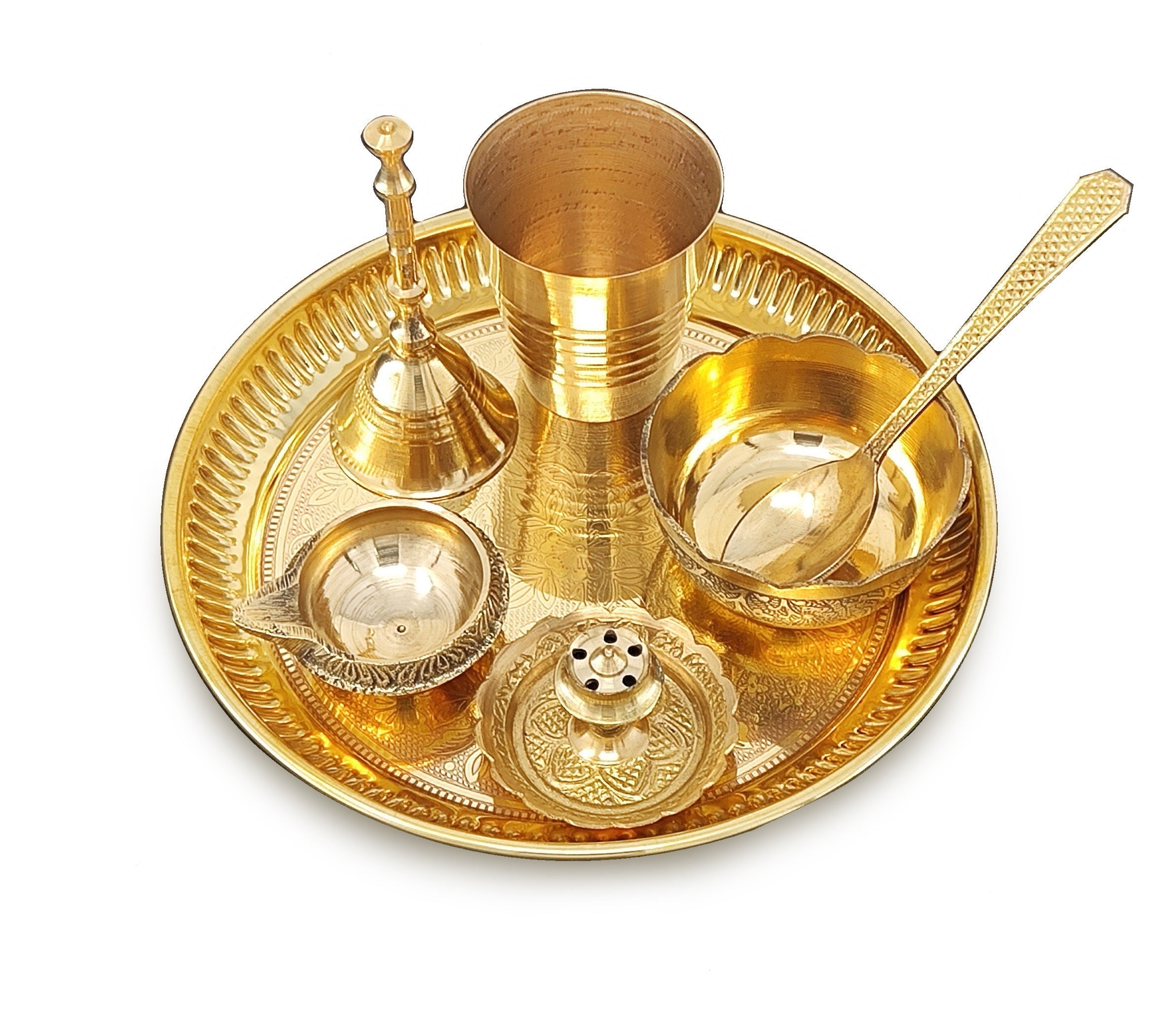 BENGALEN Brass Pooja Thali Set 6 Inch Puja Thali with Pital Plate Bowl Glass Kangura Plate Spoon Arti Thali for Diwali Home Office Mandir Wedding Return Gift Items