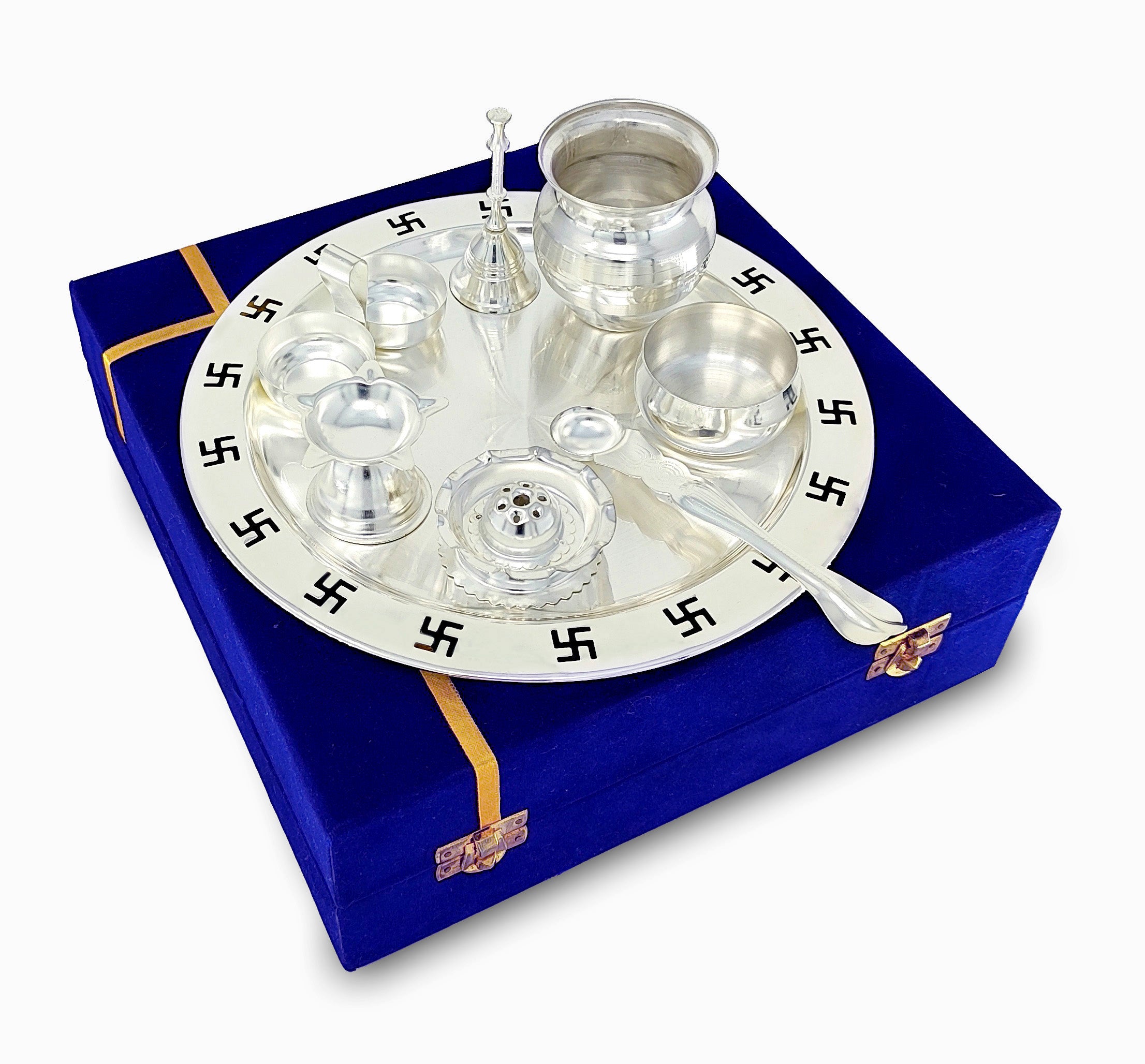 BENGALEN Pooja Thali Set 9 Inch Silver Plated with Blue Gift Box