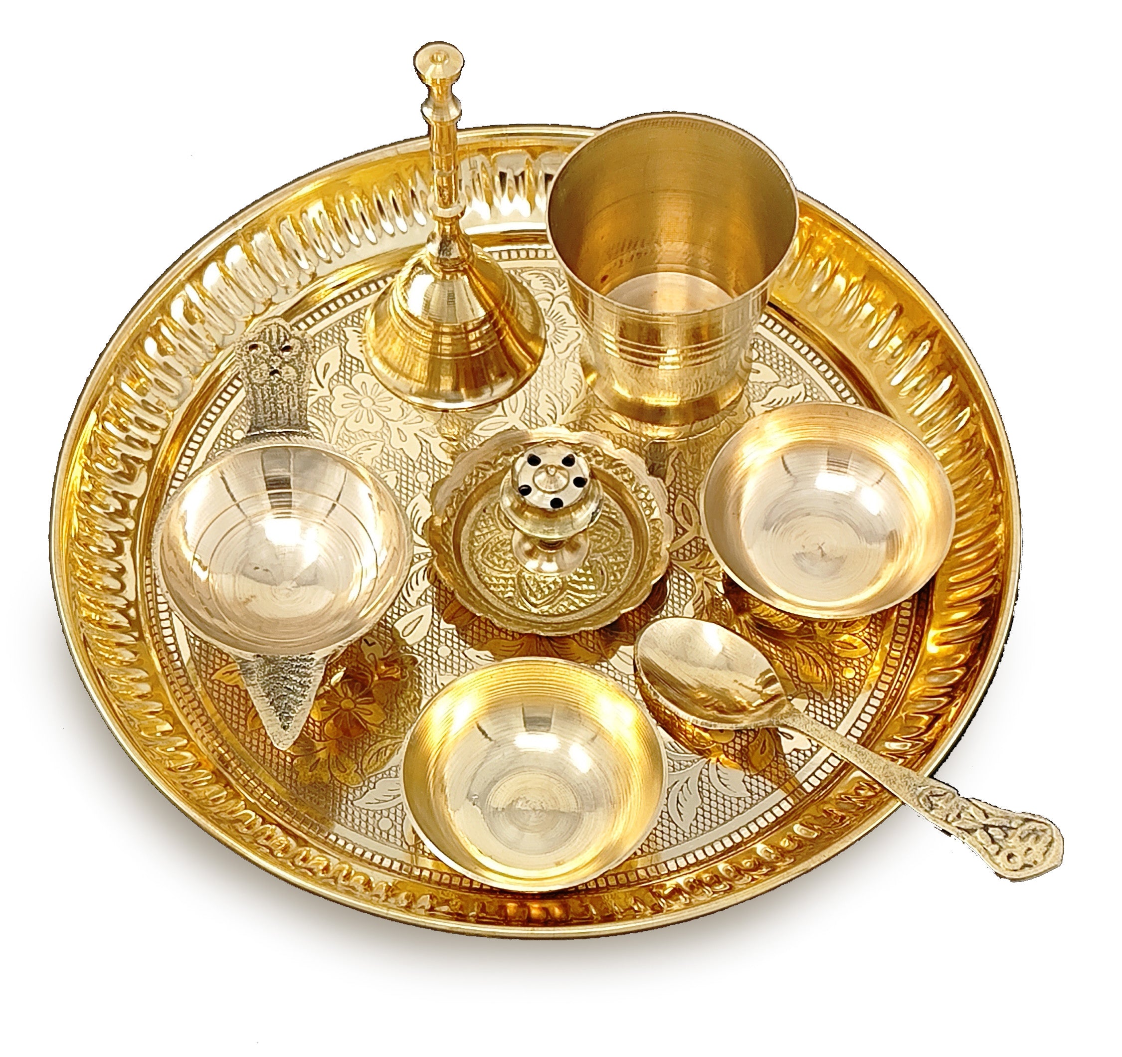 BENGALEN Brass Pooja Thali Set 7 Inch with Pital Puja Plate Kalash Bowl Spoon Dhup Dan Palli Ghanti Kuber Diya Chandan Wati Arti Thali for Diwali Home Office Mandir Wedding Return Gift Items