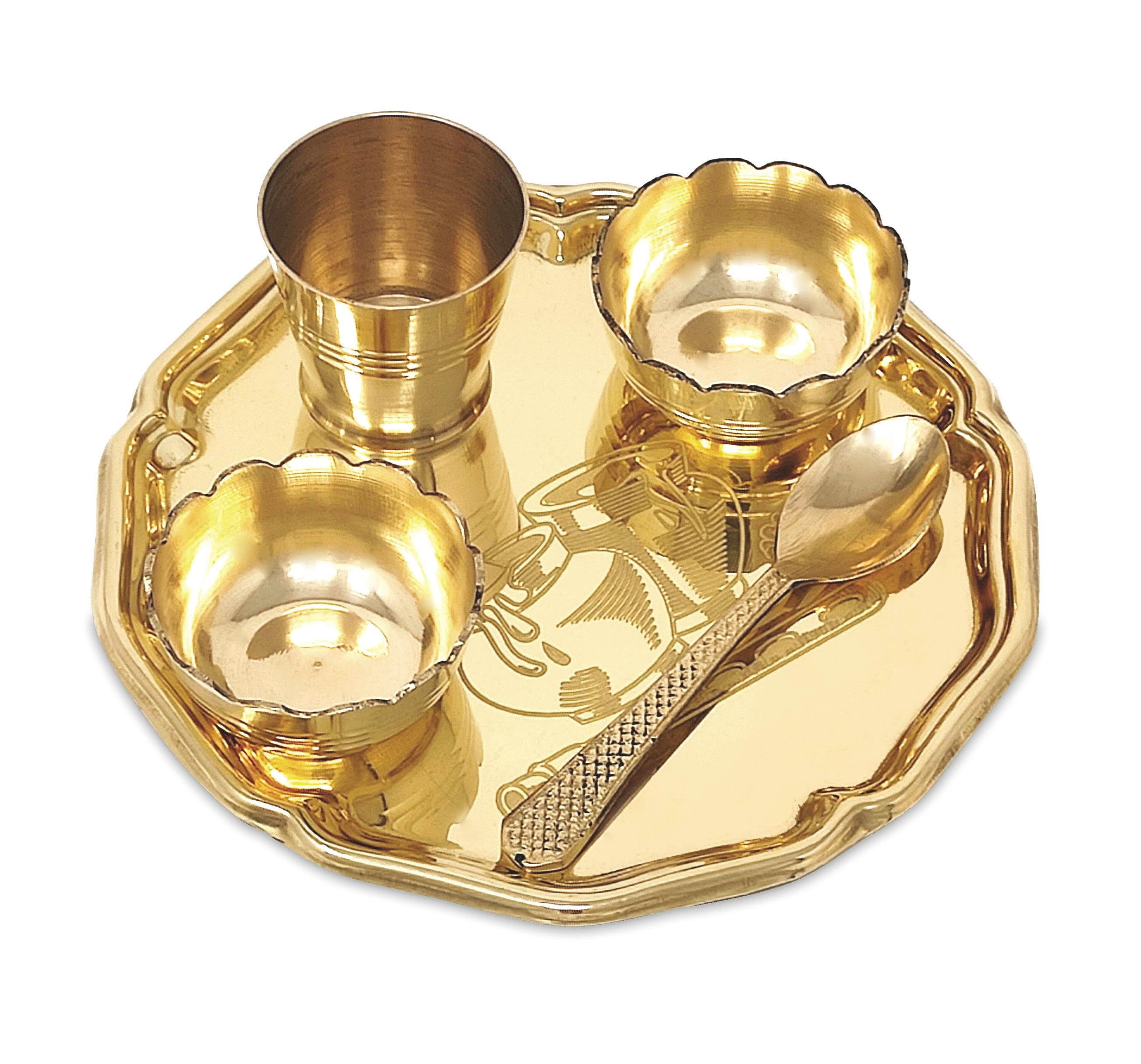 BENGALEN Pooja thali Set Brass Small 6 Inch With Red Gift Box Laddu Gopal Bhog Thali for Janmashtami Decoration Puja Item Festival Puja Krishna Bhog Thali Set for Home Office Mandir Return Gift Items