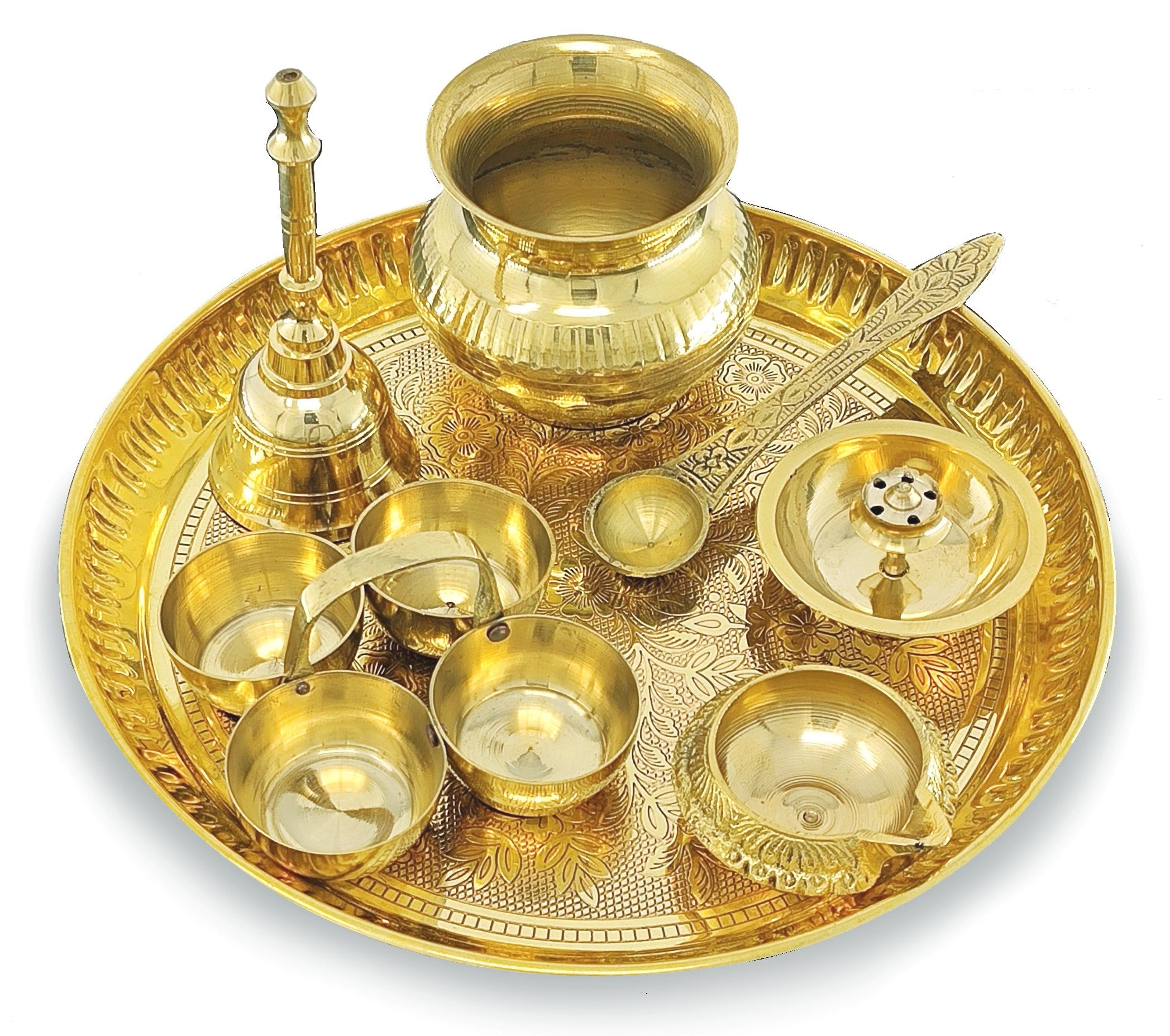 BENGALEN Brass Pooja Thali Set 8 Inch Puja Thali with Pital Plate Kalash Haldi Kumkum Holder Agarbatti Stand Kuber Diya Ghanti Palli Arti Thali for Diwali Home Office Mandir Wedding Return Gift Items