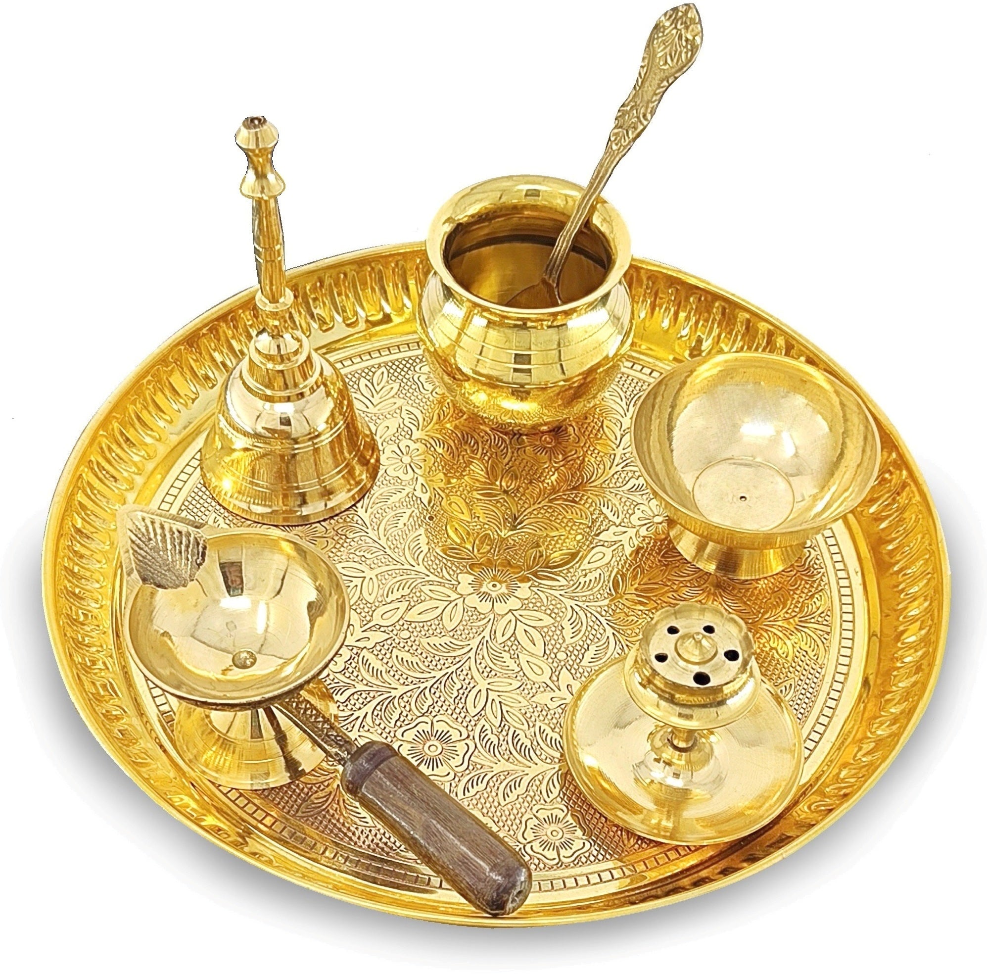 BENGALEN Brass Puja Thali Set 8 Inch Pooja Thali with Pital Plate Kalash Chandan Wati Diya Dhup Dan Ghanti Spoon Arti Thali for Diwali Home Office Mandir Wedding Return Gift Items