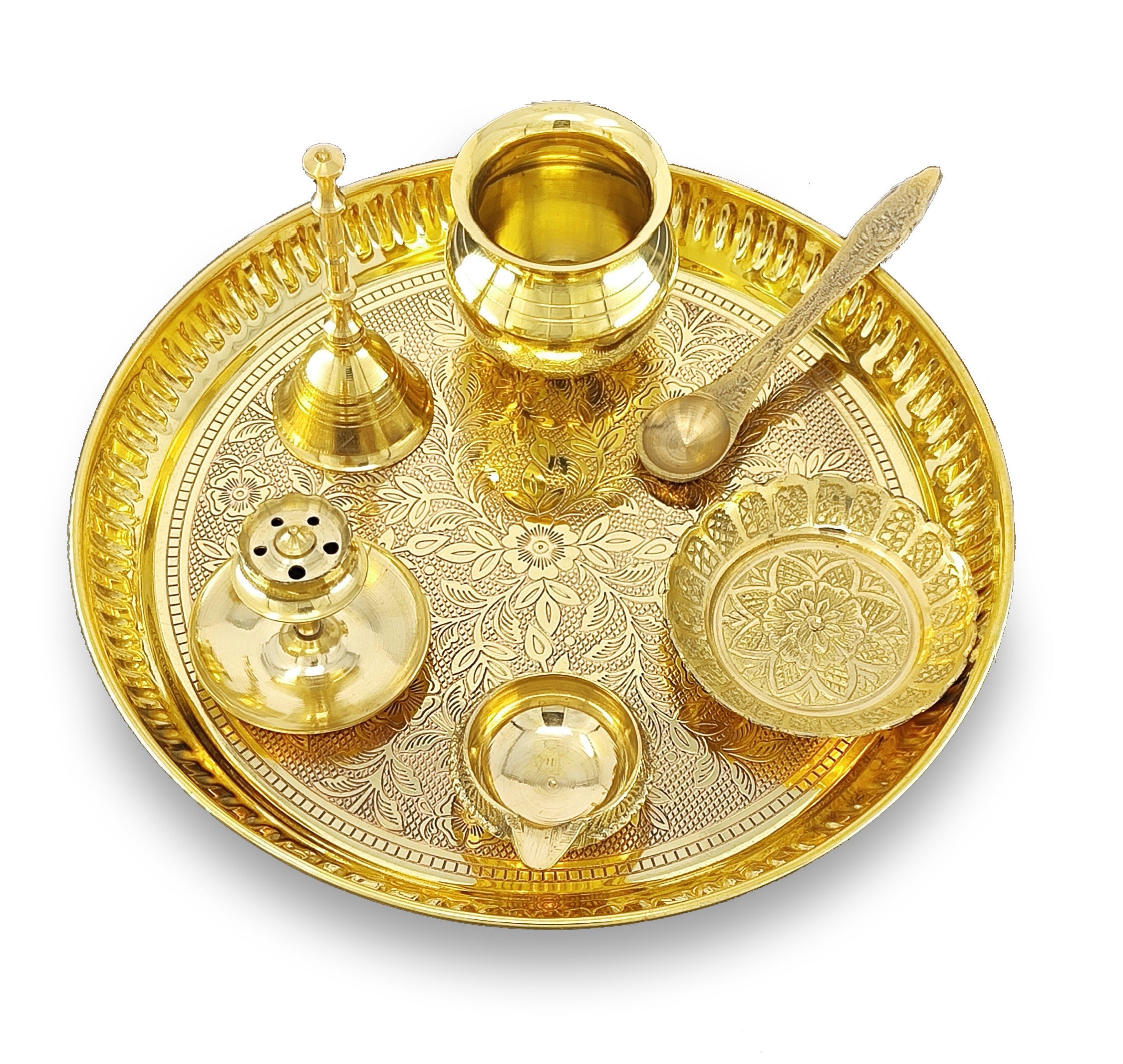 BENGALEN Brass Pooja Thali Set 8 Inch Puja Thali with Pital Designed Plate Kalash Kangura Plate Dhup Dan Kuber Diya Ghanti Palli for Diwali Home Office Mandir Wedding Return Gift Items