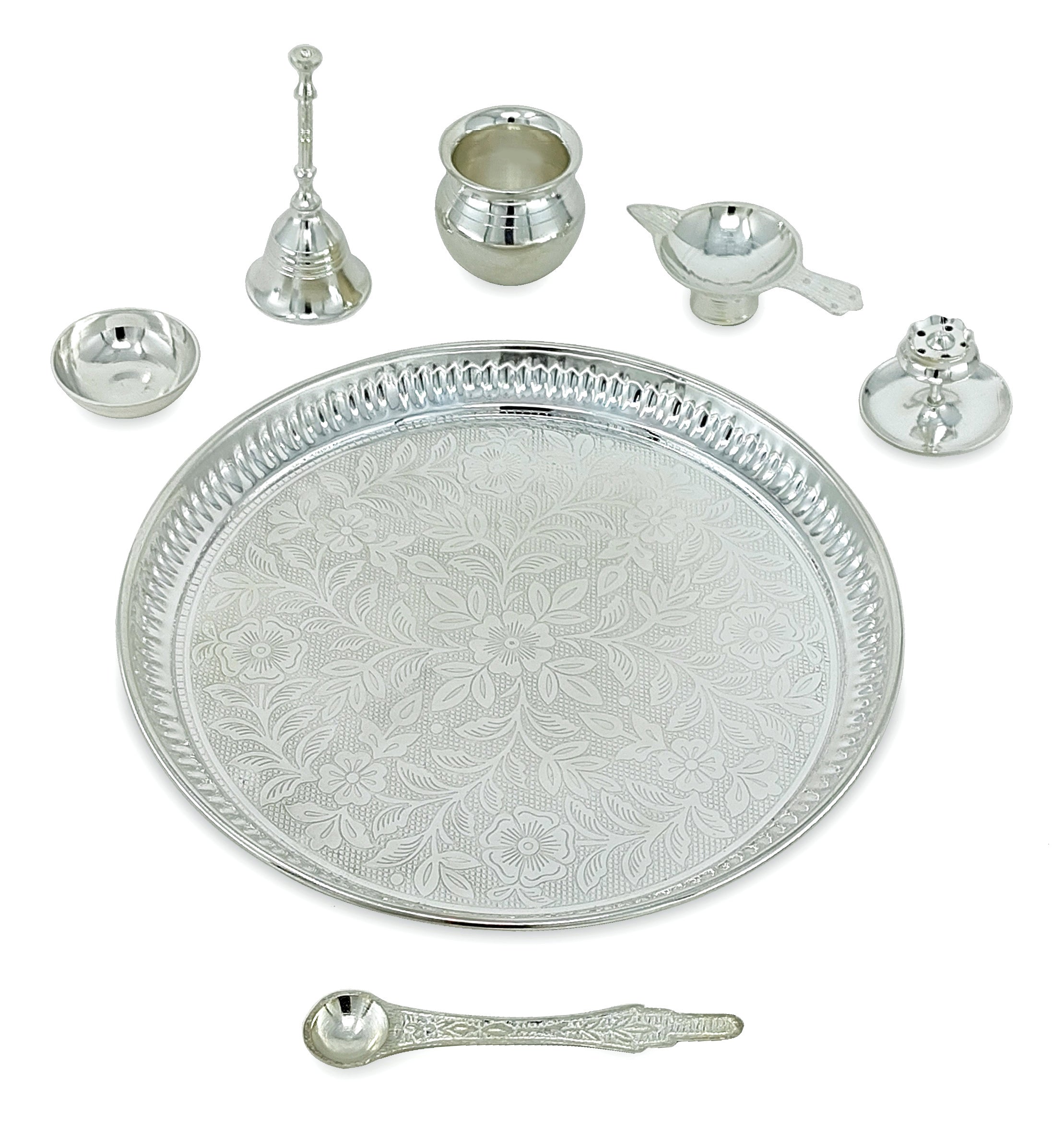 BENGALEN Pooja Thali Set Silver Plated with Blue Gift Box Designed 8 Inch Puja Plate Kalash Bowl Ghanti Spoon Dhup Dan Diya for Home Office Diwali Wedding Return Gift Items