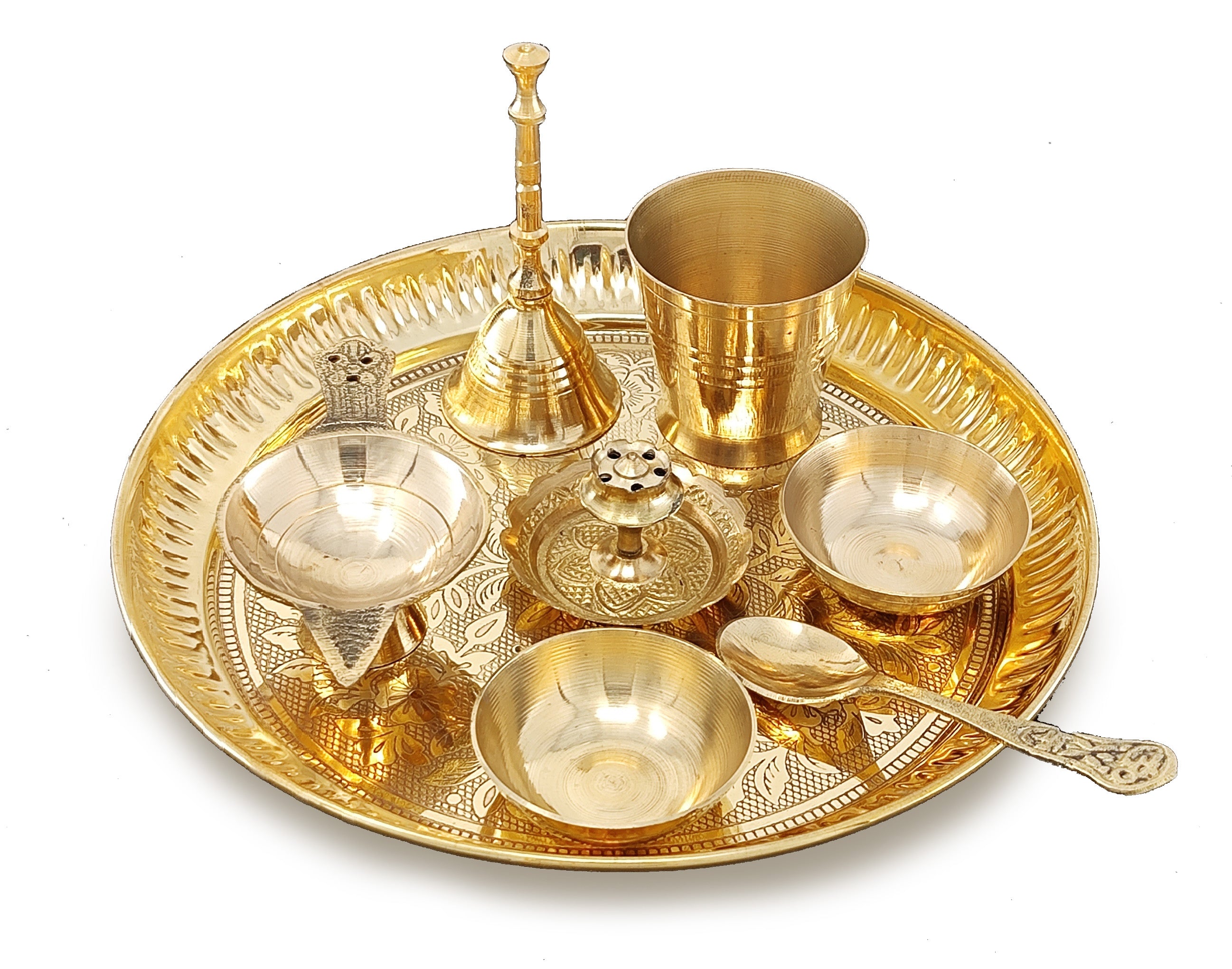 BENGALEN Brass Pooja Thali Set 7 Inch with Pital Puja Plate Kalash Bowl Spoon Dhup Dan Palli Ghanti Kuber Diya Chandan Wati Arti Thali for Diwali Home Office Mandir Wedding Return Gift Items