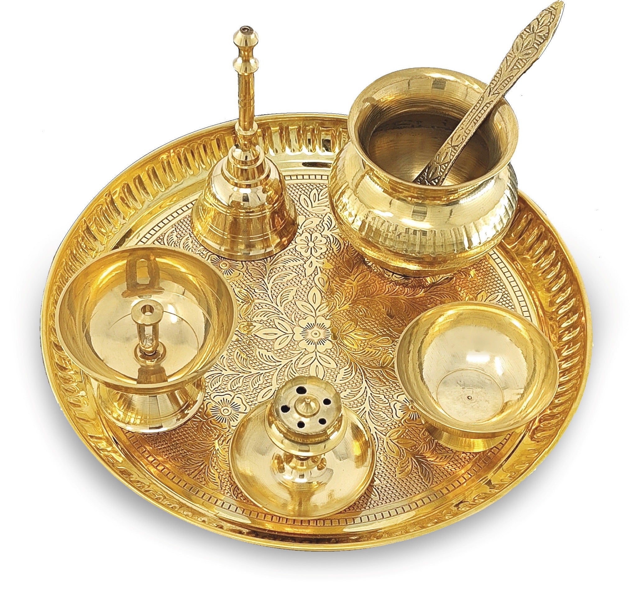 BENGALEN Brass Puja Thali Set 8 Inch Pooja Thali with Pital Plate Kalash Chandan Vati Piyali Deep Dhup Dan Ghanti Palli Diya Arti Thali for Diwali Home Office Mandir Wedding Return Gift Items
