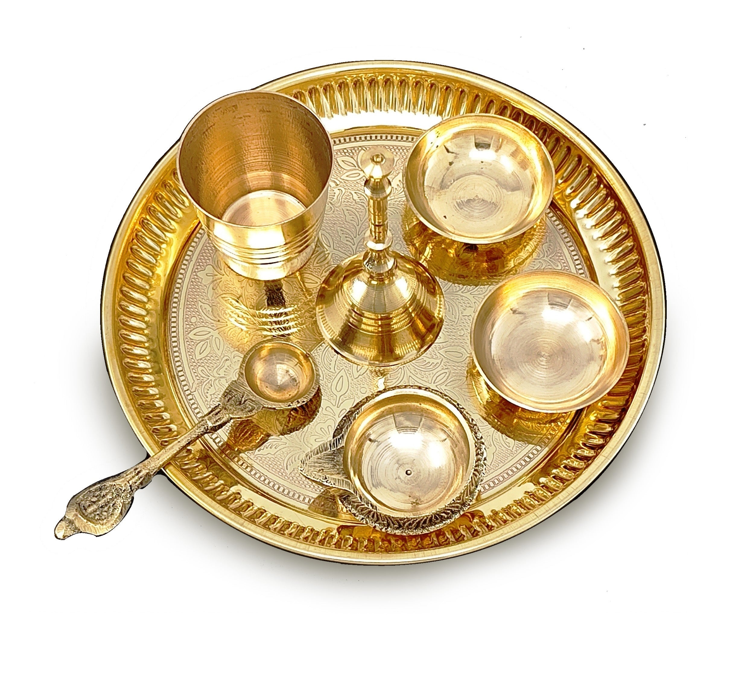 BENGALEN Brass Pooja Thali Set 6 Inch Puja Thali with Pital Plate Glass Pallu Bowl Diya Ghanti Arti Thali for Diwali Home Office Mandir Wedding Return Gift Items