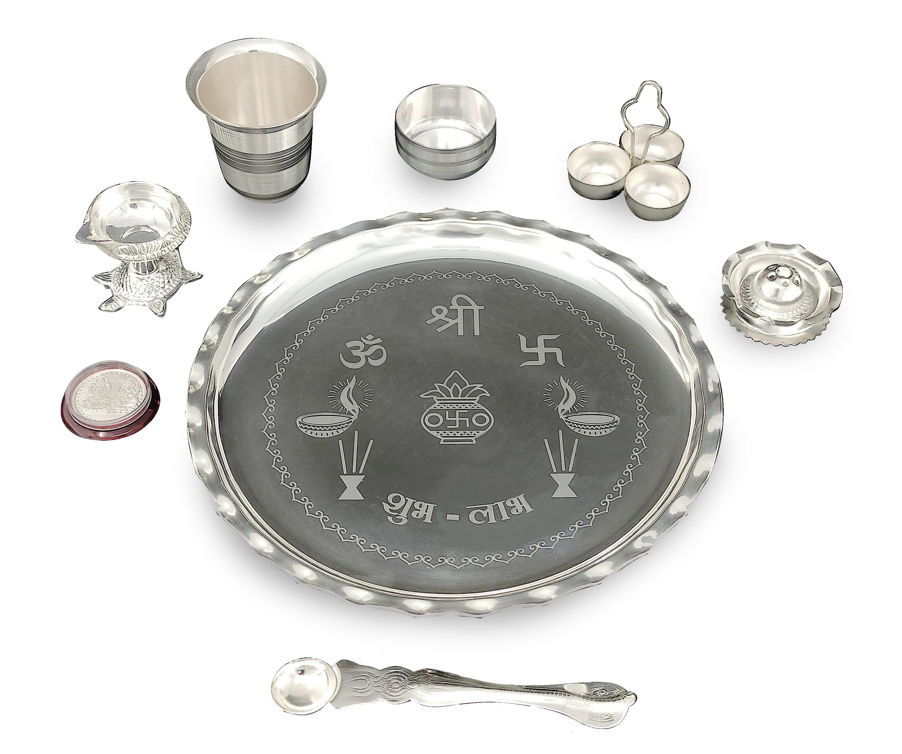 BENGALEN Pooja Thali Set Silver Plated 9.5 Inch Plate with Coin Glass Bowl Tortoise Diya Dhup Dan Palli Kumkum Stand for Puja Diwali Home Decor Temple Office Wedding Return Gift Items