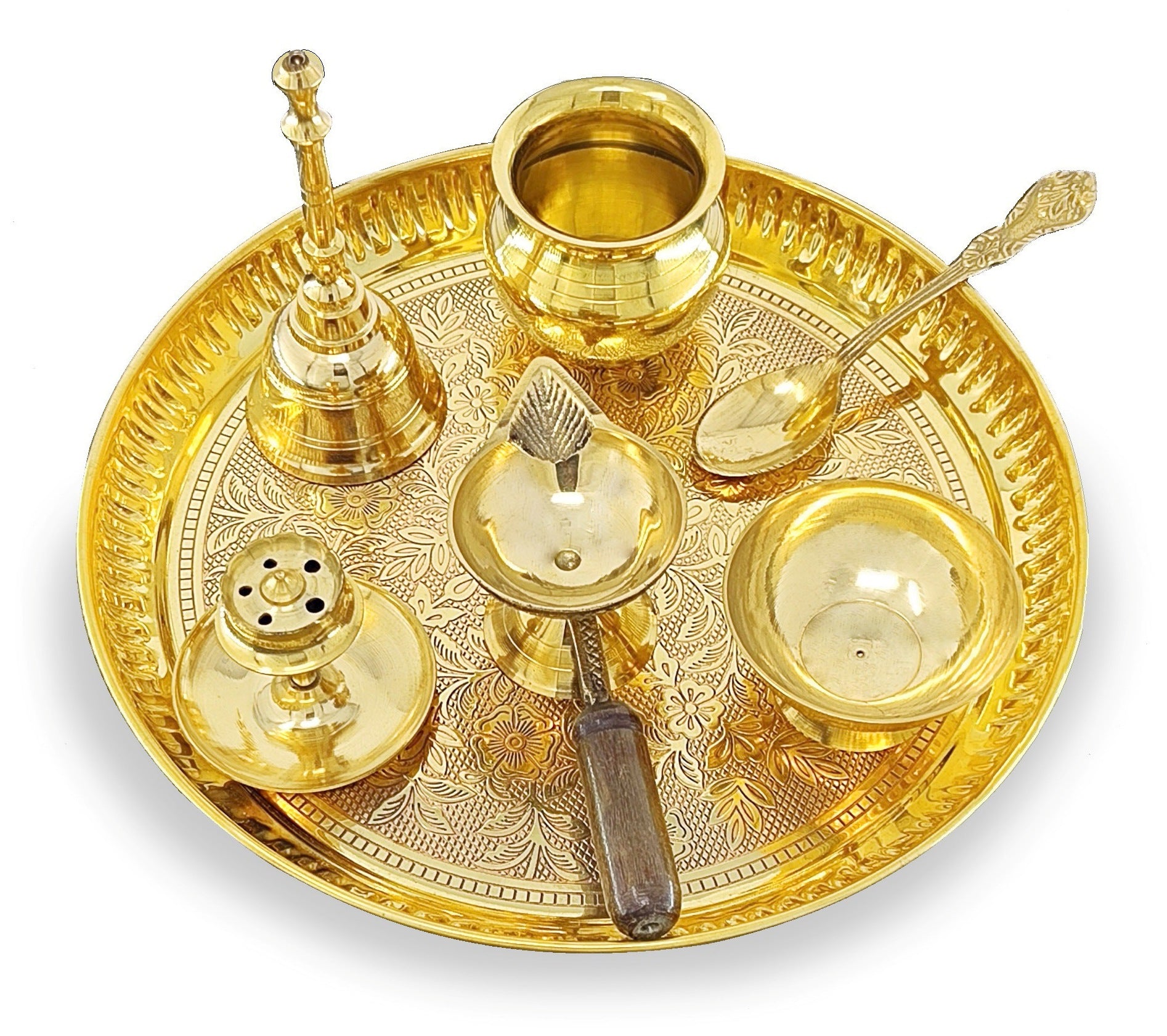 BENGALEN Brass Puja Thali Set 8 Inch Pooja Thali with Pital Plate Kalash Chandan Wati Diya Dhup Dan Ghanti Spoon Arti Thali for Diwali Home Office Mandir Wedding Return Gift Items