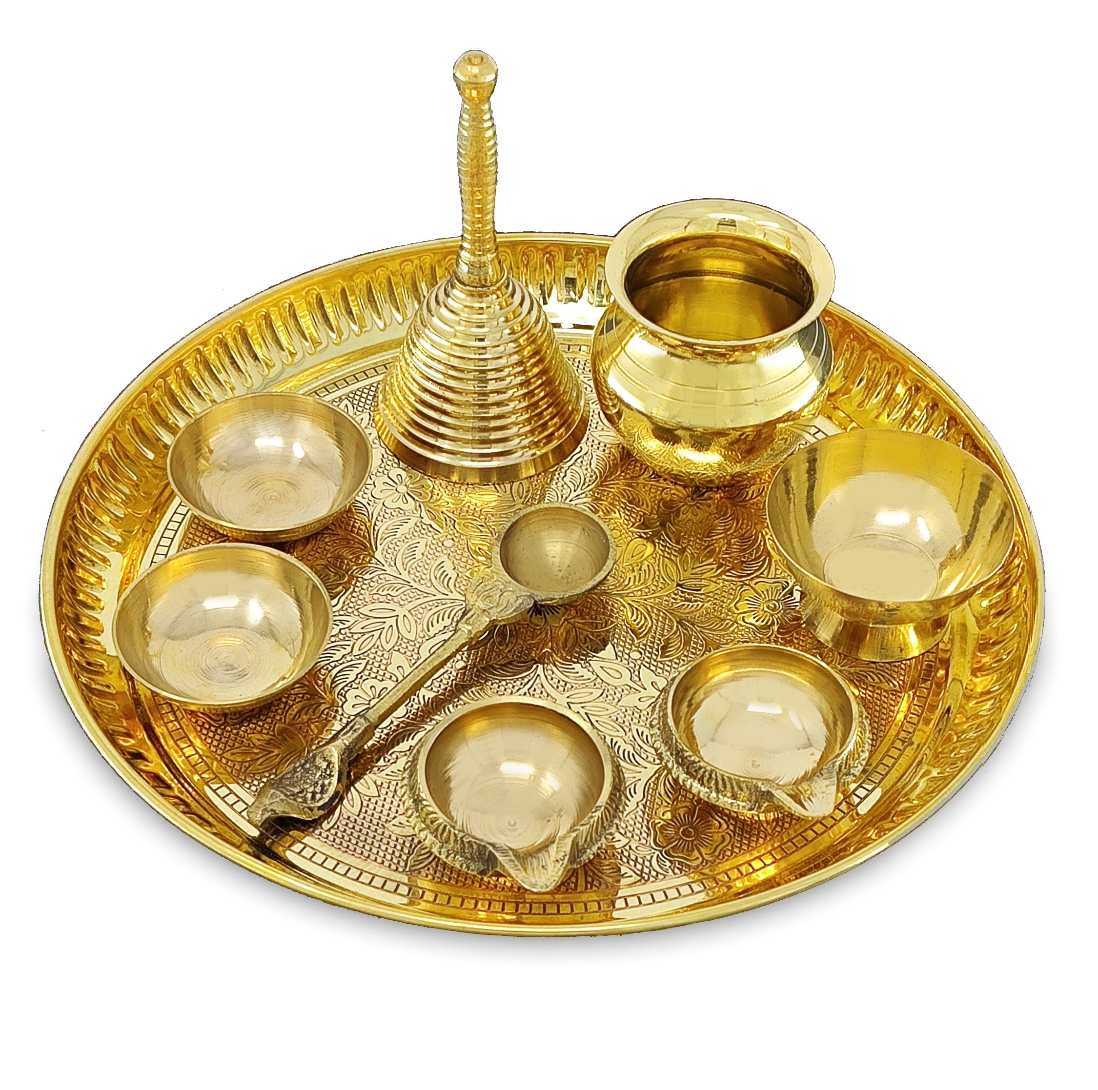 BENGALEN Brass Pooja Thali Set 8 Inch Puja Thali with Pital Plate Kalash Chandan Vati Dhup Dan Kuber Diya Ghanti Palli Arti Thali for Diwali Home Office Mandir Wedding Return Gift Items