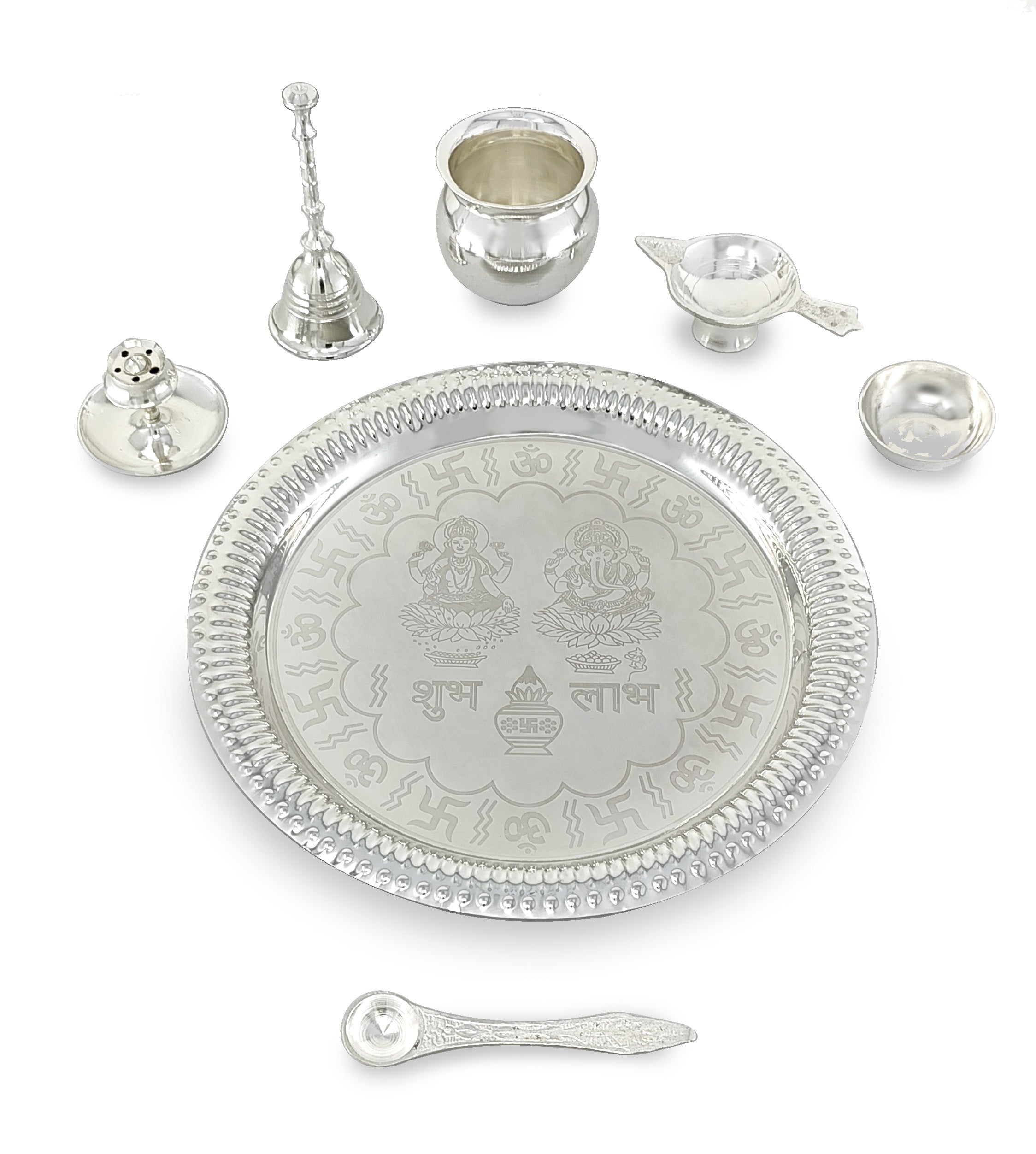 BENGALEN Pooja Thali Set Silver Plated with Gift Box Designed Puja Plate 22 CM Kalash Bowl Ghanti Spoon Dhup Dan Diya for Home Office Diwali Wedding Return Gift Items