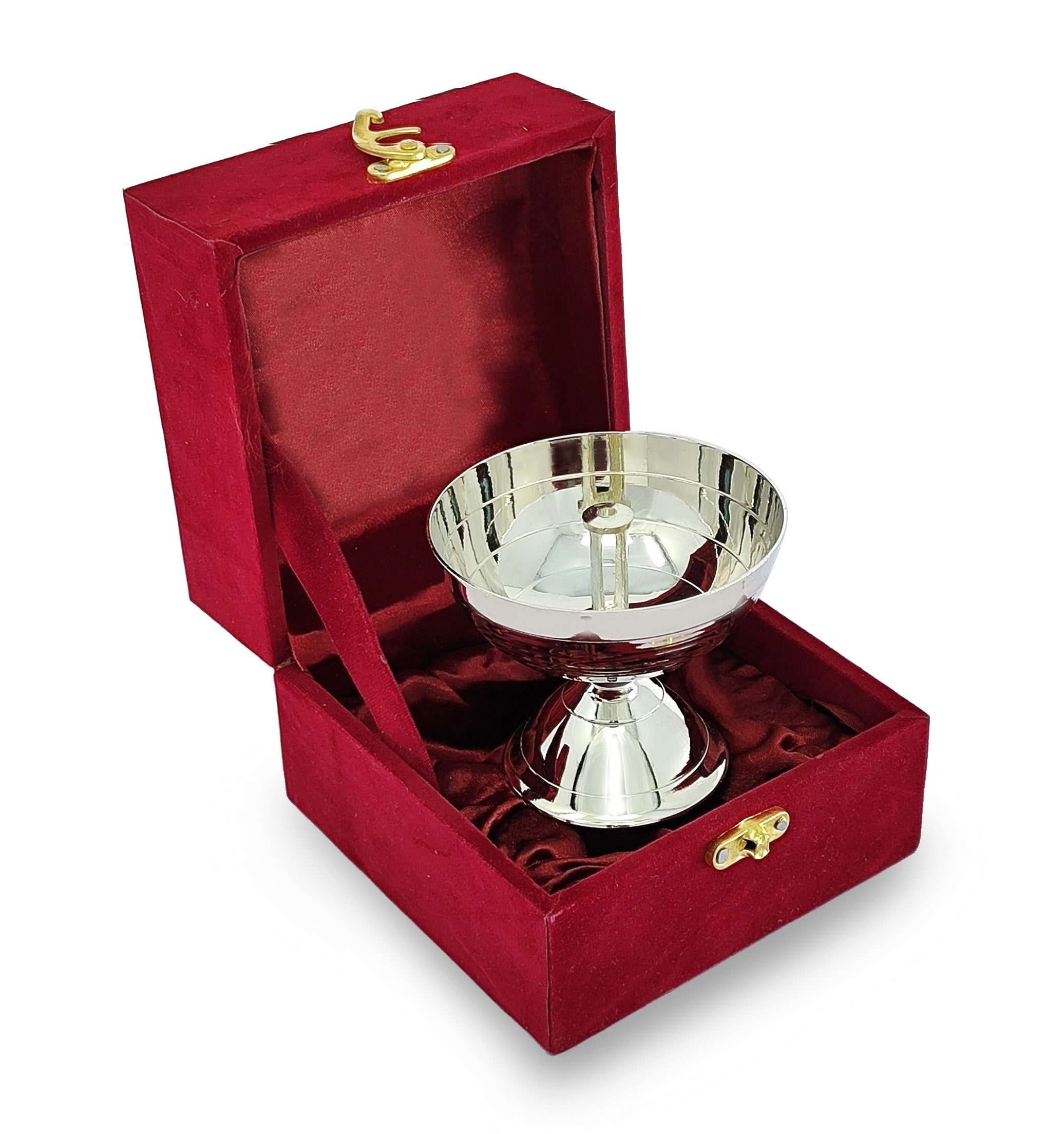 BENGALEN Silver Plated Piyali Diya Small with Red Velvet Gift Box Traditional Oil Lamp Deepak Lamp Panchmahal Deepam for Pooja Mandir Diwali Indian Puja Items Wedding Return Gifts