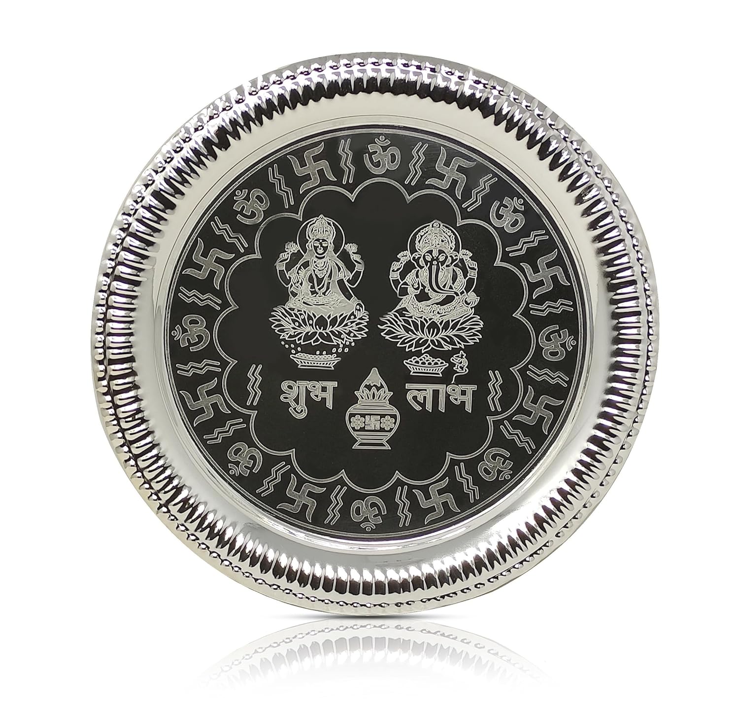 BENGALEN Pooja Thali Set Silver Plated with Gift Box Designed Puja Plate 22 CM Kalash Bowl Ghanti Spoon Dhup Dan Diya for Home Office Diwali Wedding Return Gift Items