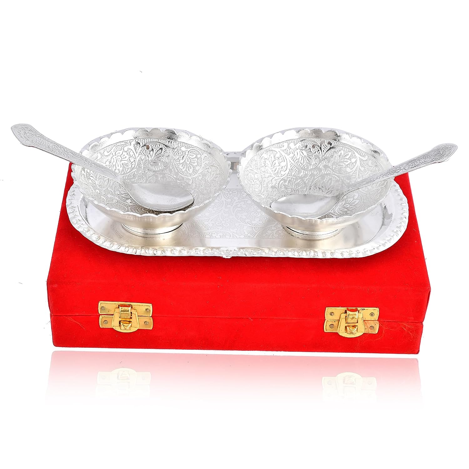 BENGALEN Silver Plated Bowl Spoon Tray Set Dessert Dry Fruits Serving Diwali Christmas Eid Wedding Return Gifts Friends Family Home Decoration Housewarming Corporate Gift Items