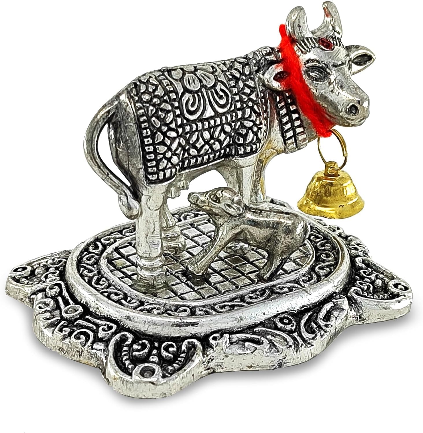 BENGALEN Small Kamdhenu Cow with Calf Silver Plated Statue Decorative Diwali Gift Items Showpiece for Home Office Decoration Item Family Friends Relative Return Gifts