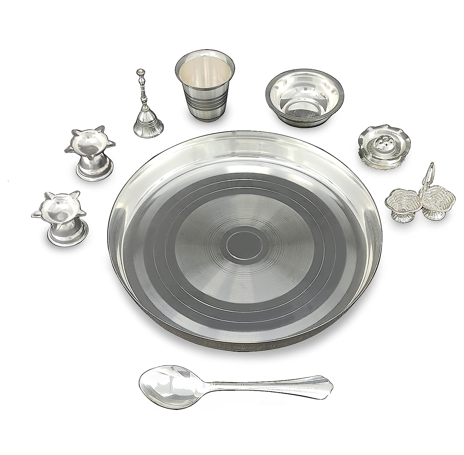 BENGALEN Silver Plated Pooja Thali Set 10 Inch with Accessories Daily Puja Decorative Item for Diwali Home Mandir Office Wedding Return Gift Items