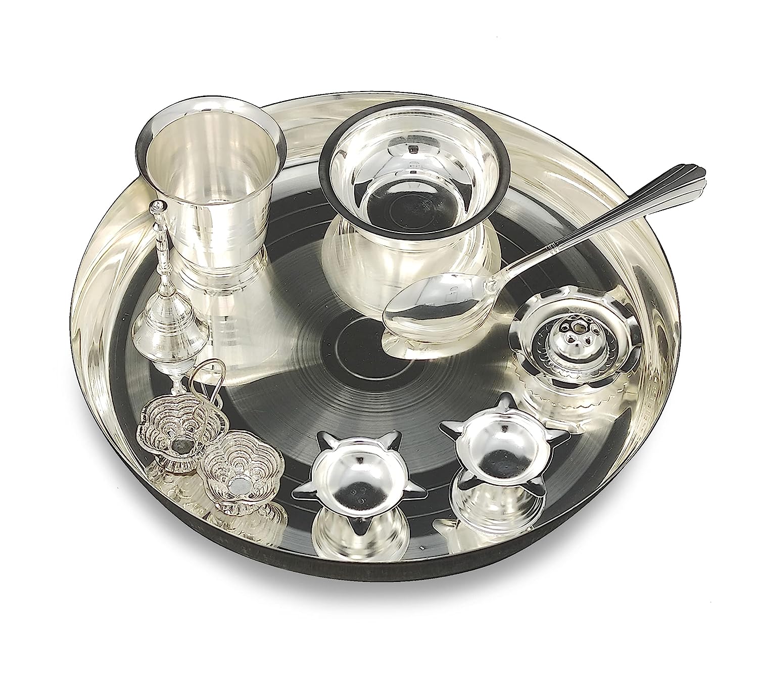 BENGALEN Silver Plated Pooja Thali Set 10 Inch with Accessories Daily Puja Decorative Item for Diwali Home Mandir Office Wedding Return Gift Items
