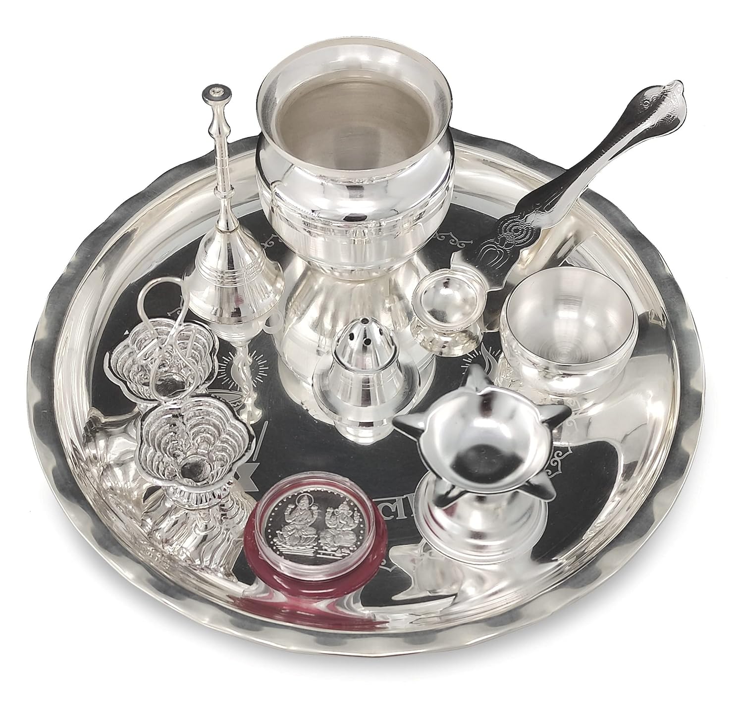 Bengalen Silver Plated Pooja thali Set 8 Inch with Plate Ghanti Bowl Spoon Coin Dhup Dan Diya Kumkum Stand Puja Thali for Home Mandir Office Wedding Return Diwali Gift Items
