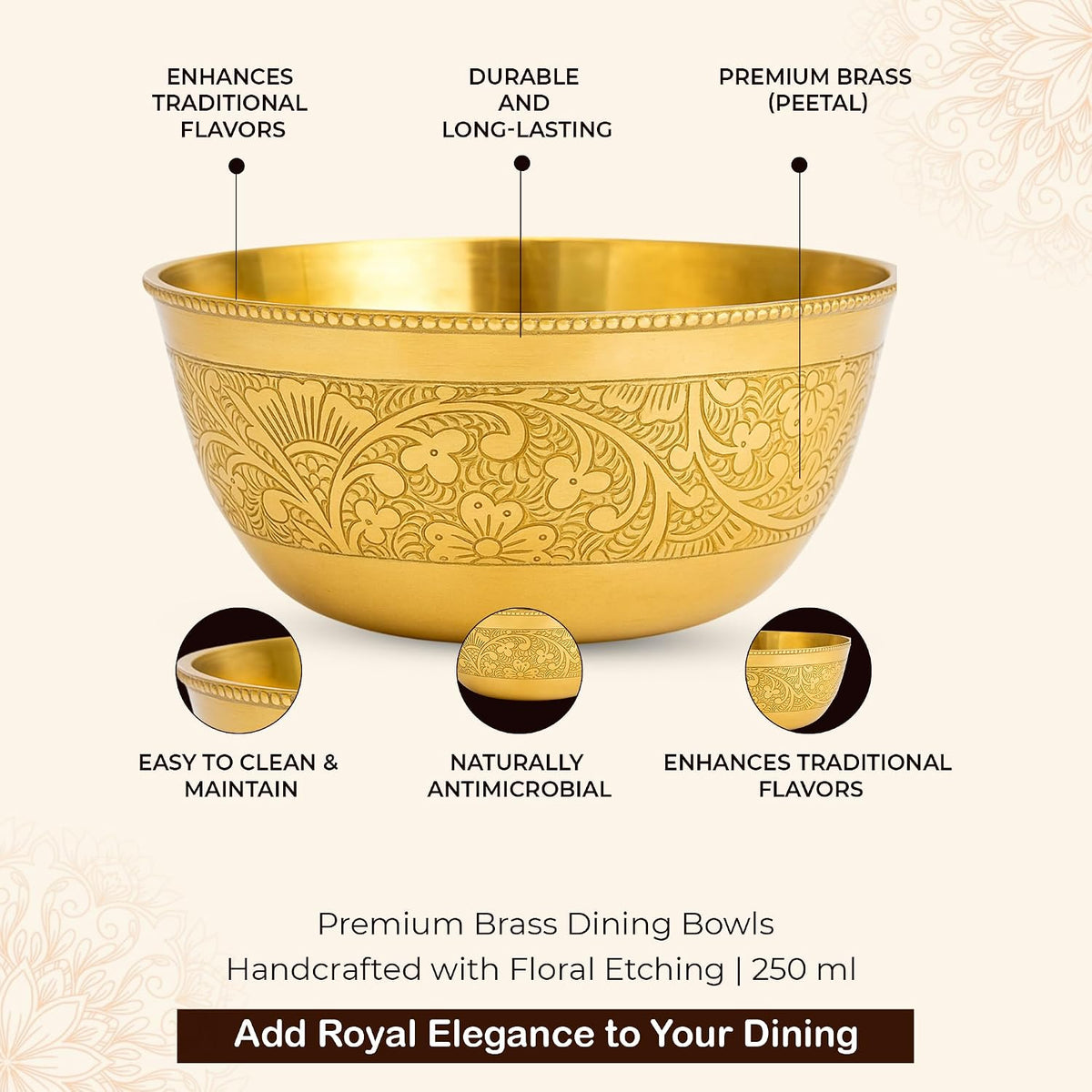 Dana Katori Floral Etching Brass Bowl for Dining & Pooja Traditional Handcrafted Brass Serving Bowl
