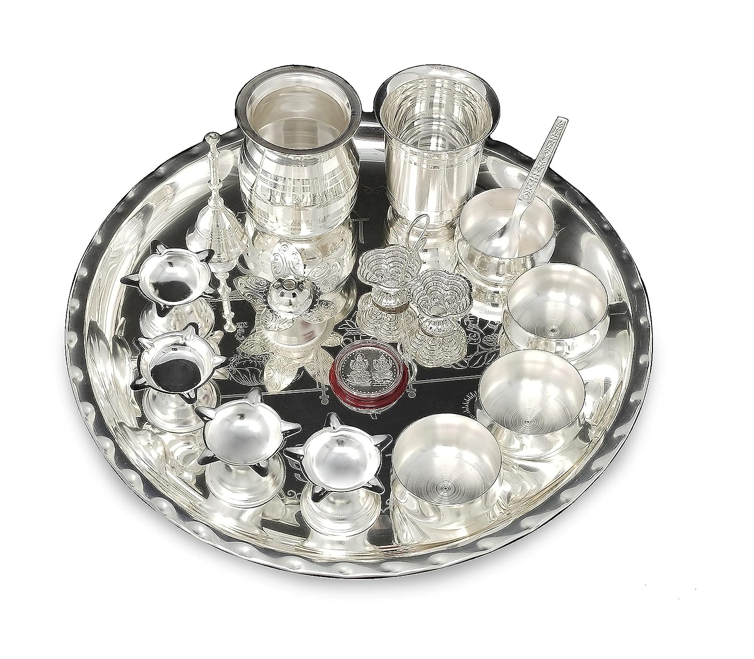 BENGALEN 12 Inch Silver Plated Pooja Thali Set with Accessories Daily Puja Decorative Gifts for Home Office Mandir Diwali Wedding Return Gift Items