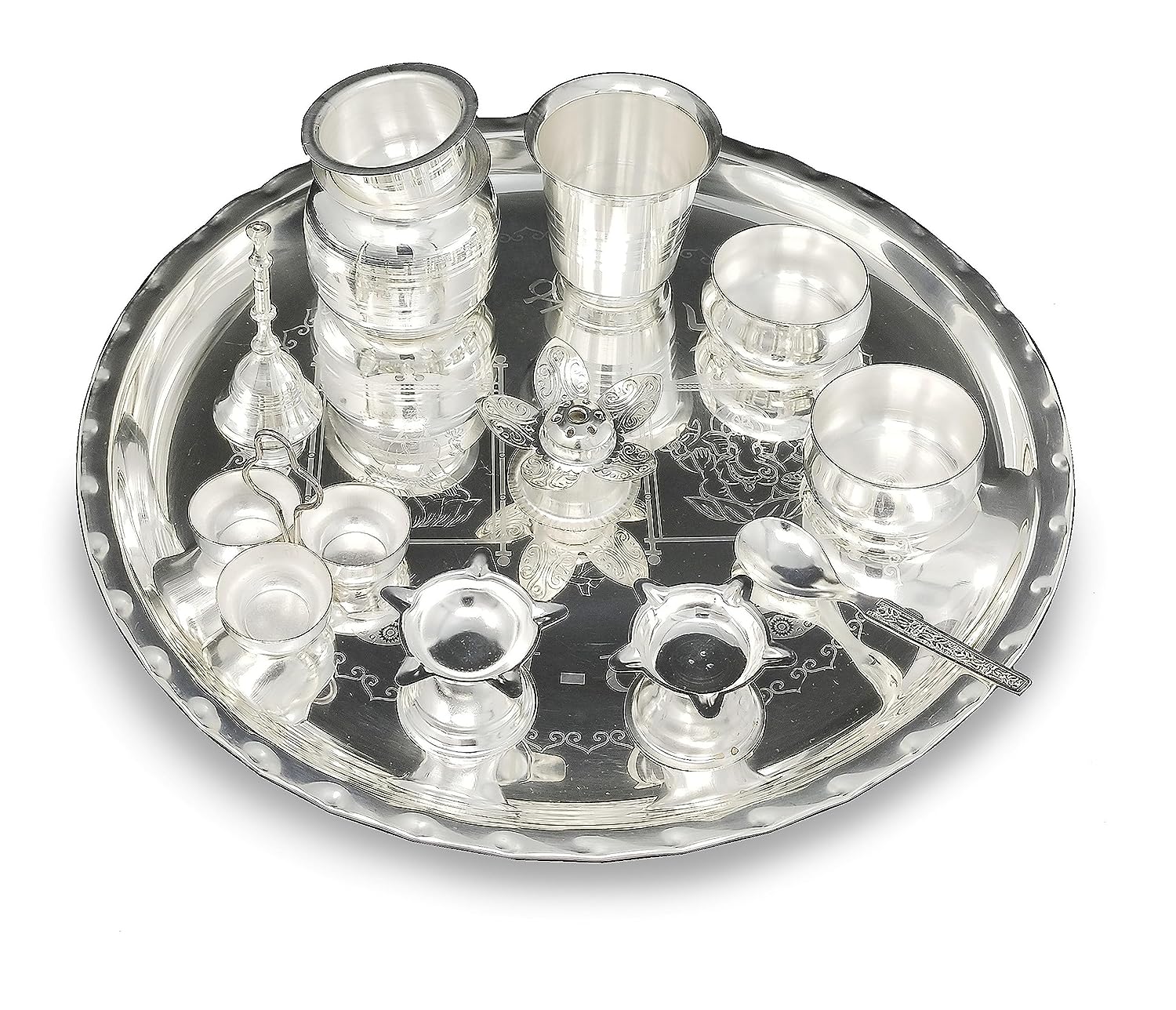 BENGALEN 12 Inch Silver Plated Pooja Thali Set with Accessories Daily Puja Decorative Gifts for Home Office Mandir Diwali Wedding Return Gift Items