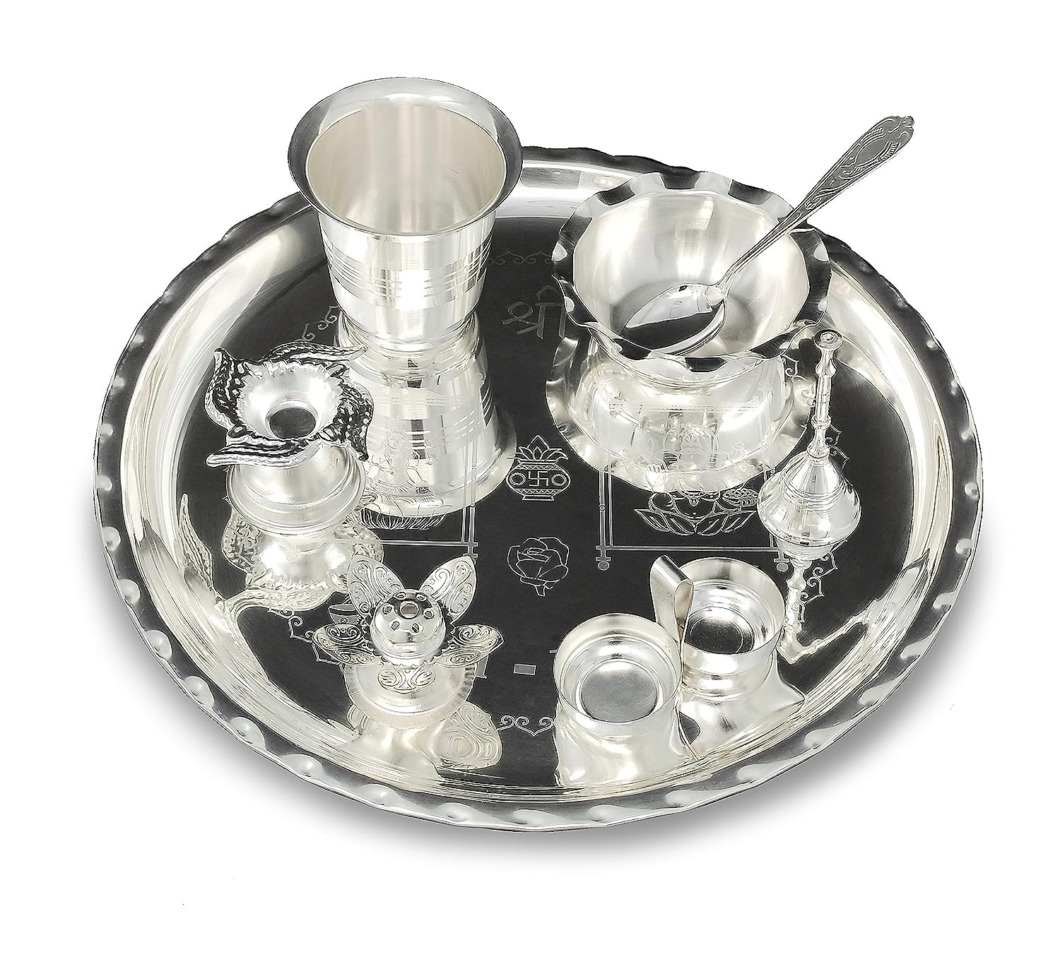 BENGALEN 12 Inch Silver Plated Pooja Thali Set with Accessories Daily Puja Decorative Gifts for Home Office Mandir Diwali Wedding Return Gift Items