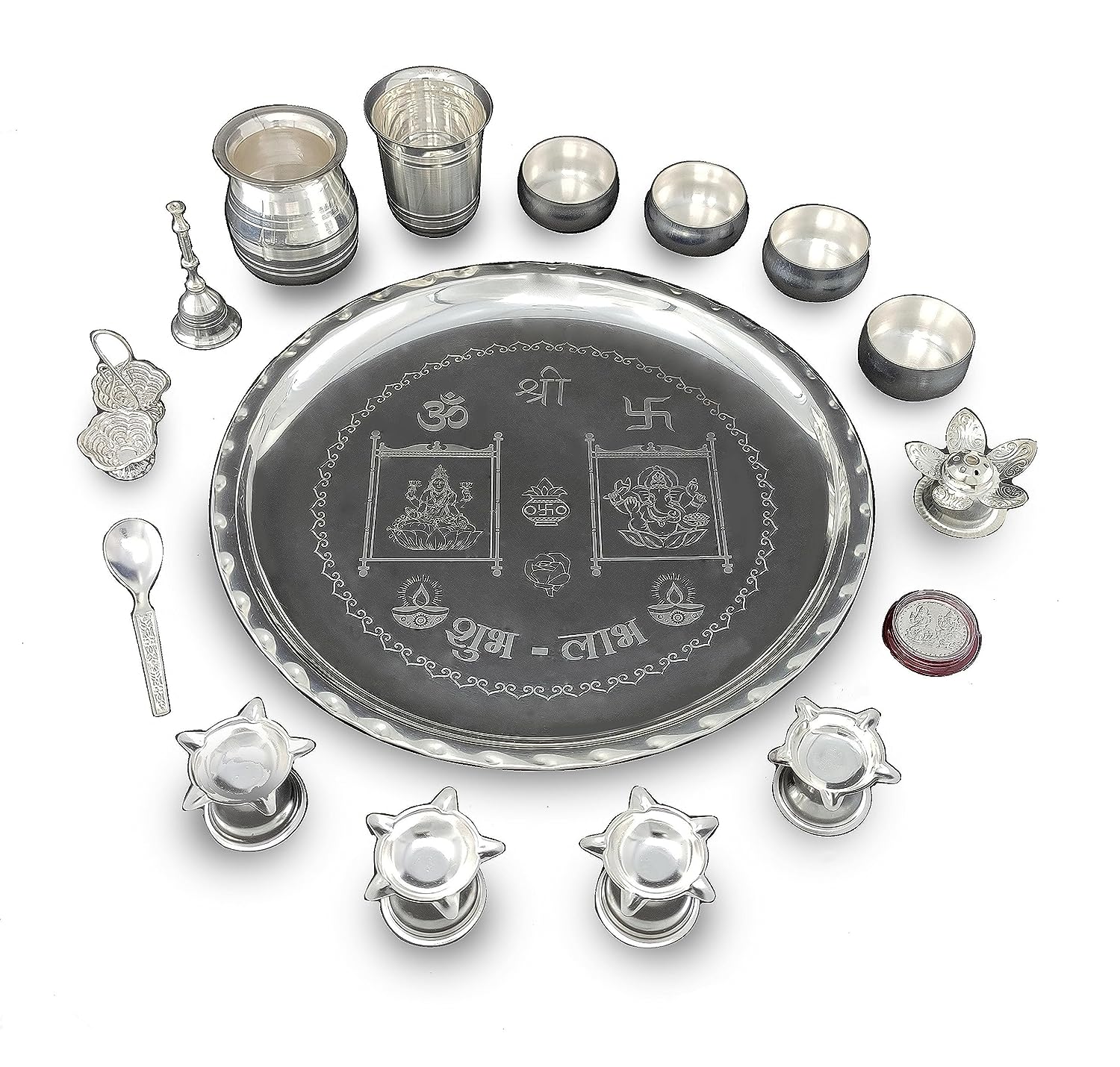 BENGALEN 12 Inch Silver Plated Pooja Thali Set with Accessories Daily Puja Decorative Gifts for Home Office Mandir Diwali Wedding Return Gift Items