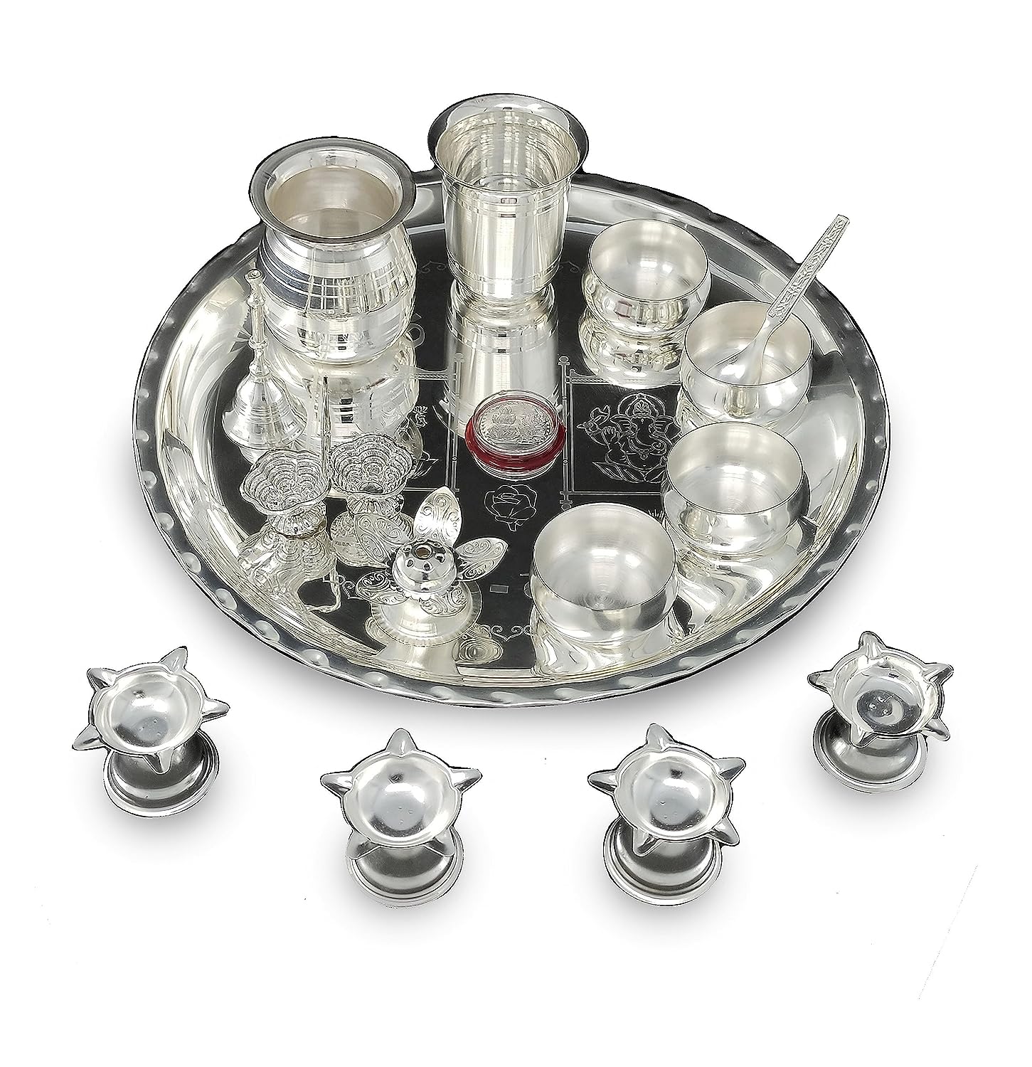BENGALEN 12 Inch Silver Plated Pooja Thali Set with Accessories Daily Puja Decorative Gifts for Home Office Mandir Diwali Wedding Return Gift Items