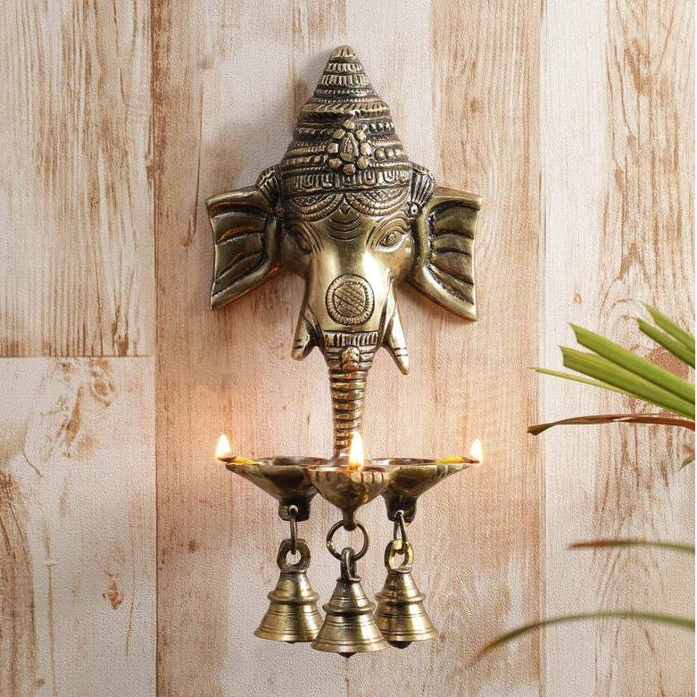 Brass Ganesha Wall Hanging Diya with Bells for Home Decor