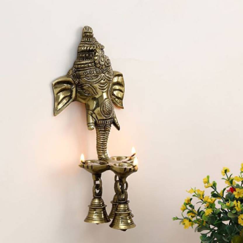 Brass Ganesha Wall Hanging Diya with Bells for Home Decor