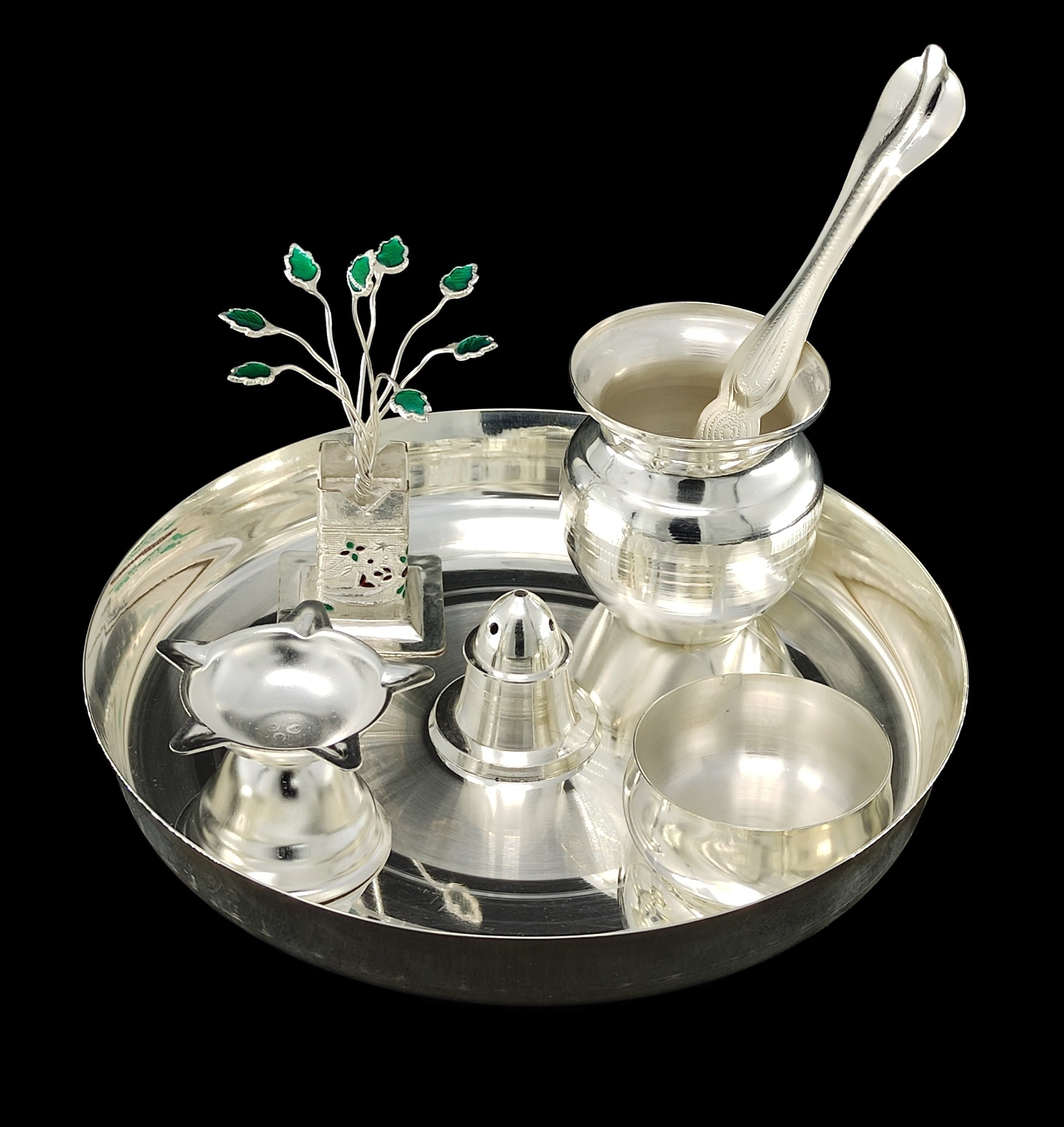 BENGALEN Silver Plated Pooja thali Set 7 Inch Plate Agarbatti Stand Diya Tulsi Idol Kalash Palli Bowl Puja Thali for Diwali Home Mandir Office Wedding Return Gift Items