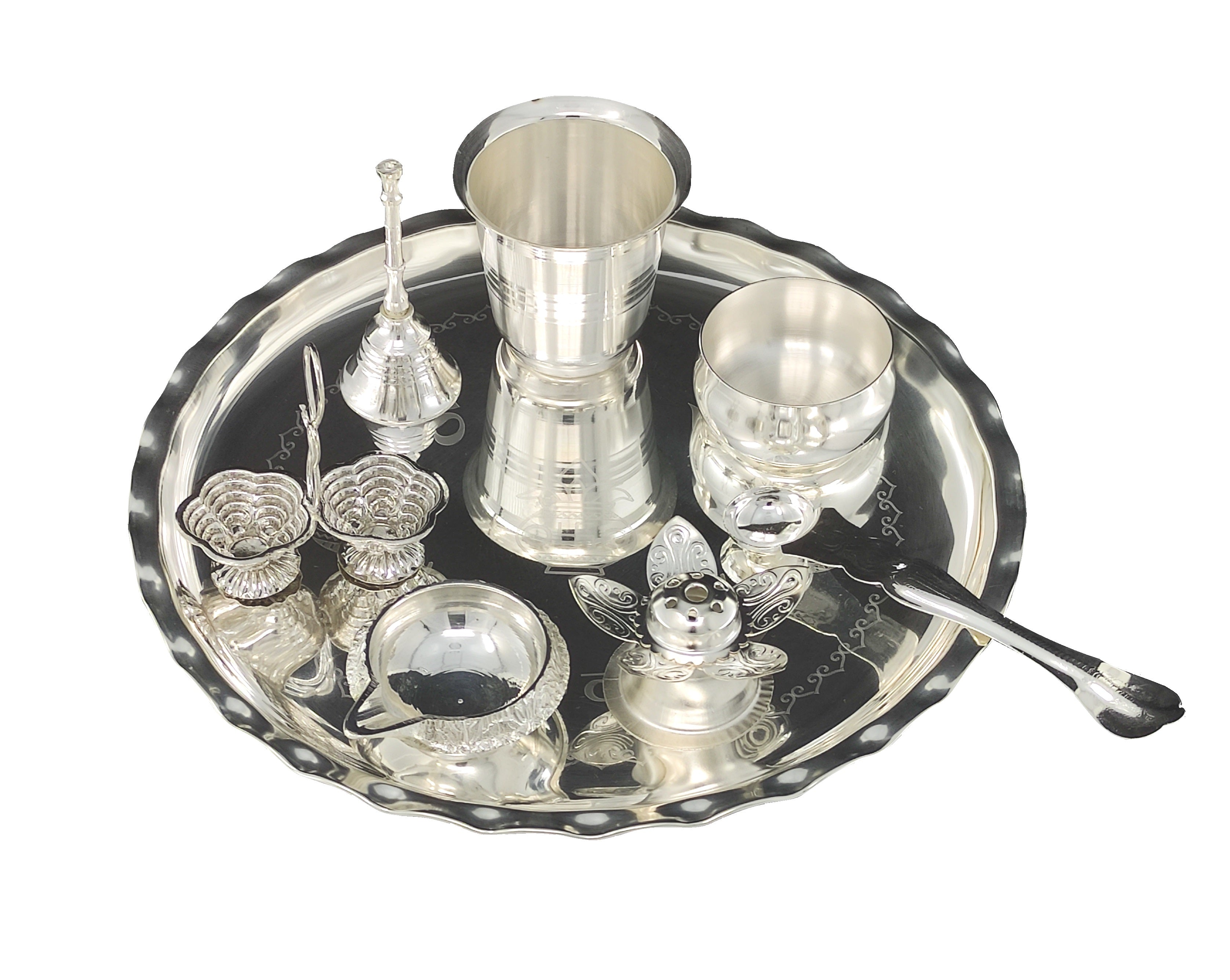 Bengalen Silver Plated Pooja thali Set 9.5 Inch with Plate Kuber Diya Haldi Kumkum Holder Glass Bowl Agarbatti Stand Ghanti Puja Thali for Home Mandir Office Diwali Wedding Return Gift Items